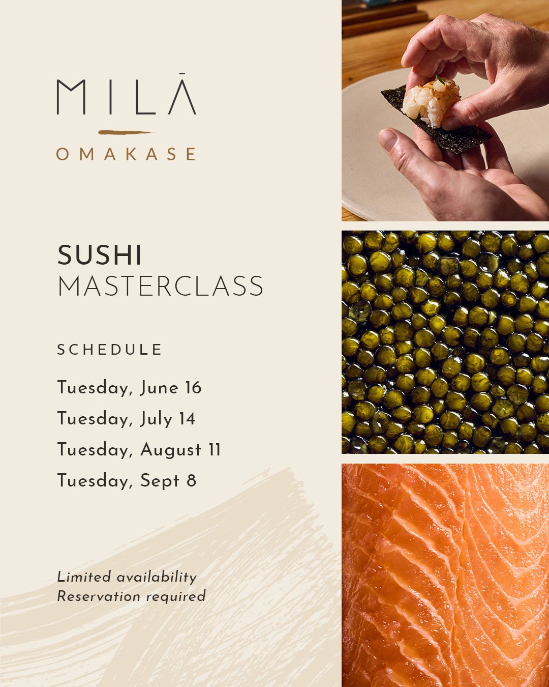 Flyer for MILA Omakase sushi masterclasses for the summer.