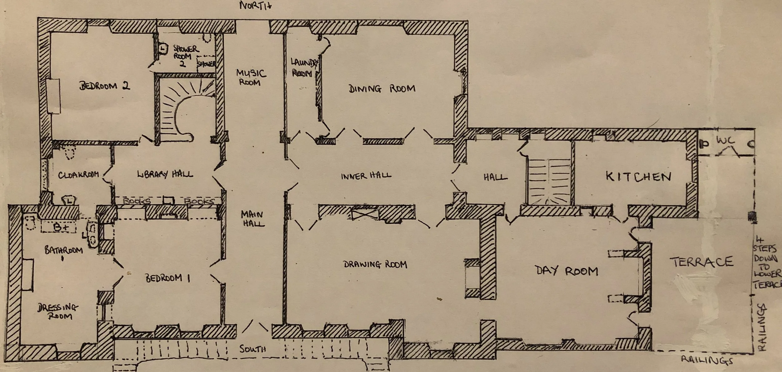 Floor plan of a house labeled with rooms including two bedrooms, a drawing room, a day room, a dining room, a kitchen, a music room, a library hall, and other features like a bathroom, cloakroom, and terrace.