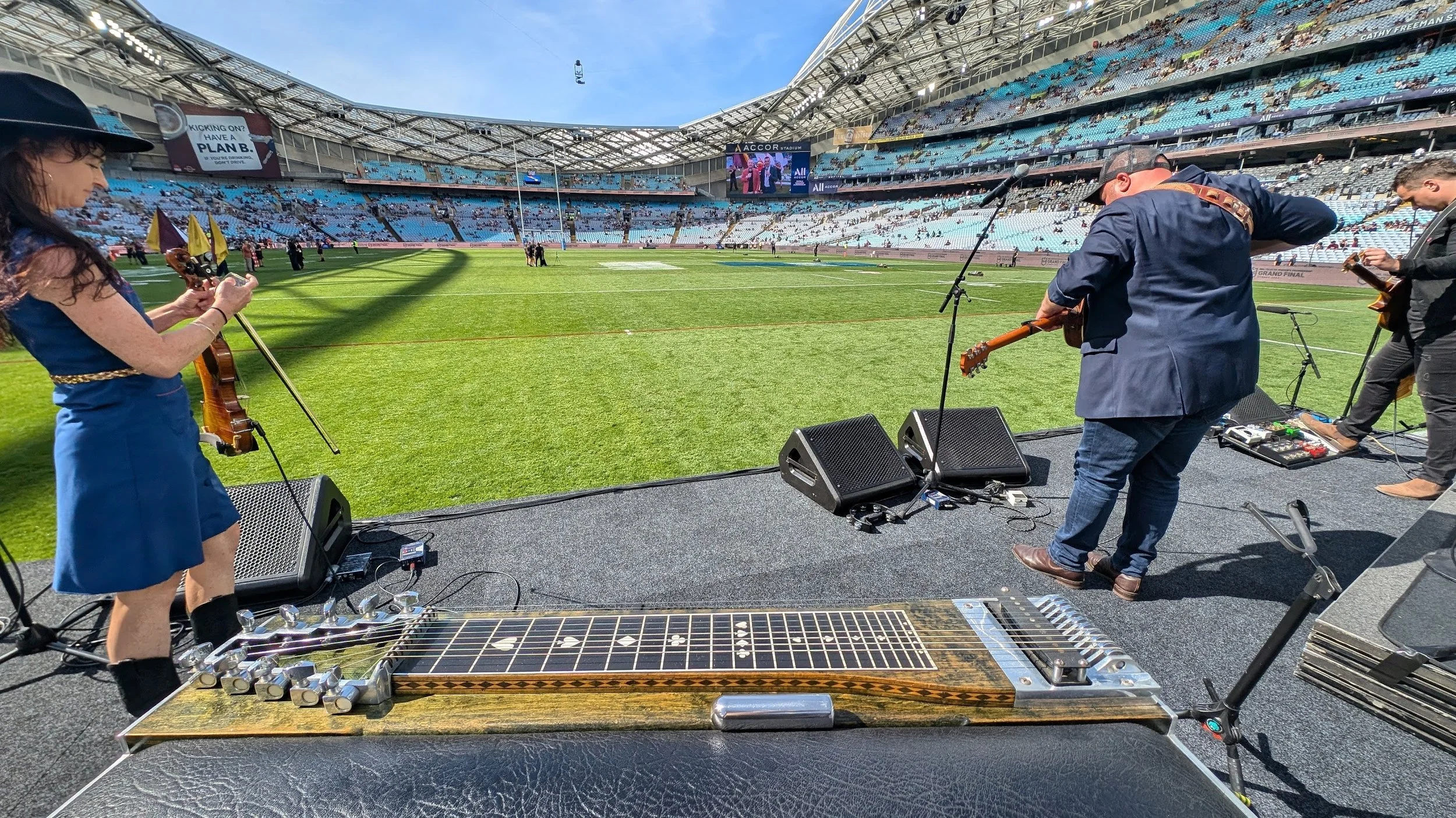 Getting ready to play pedal steel at Sydney Stadium at the NRL Grand Final with Sara Berki - this was cool.
