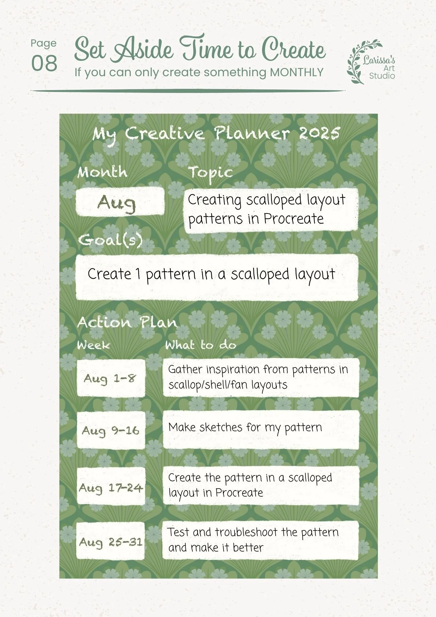 Aug 25 - Creative Guide - Pattern Layout: Scallops/Shells/Fans - Monthly Schedule