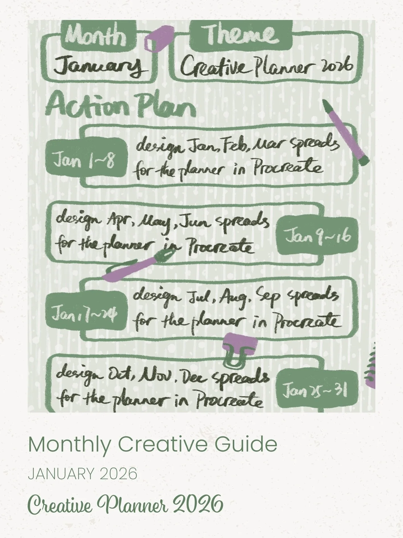 My January 2026 Creative Guide is all about making a 2026 planner in Procreate for your creative work throughout the year. You can use it to plan your time to create art, sort out your ideas, make sketches, and showcase your final work. All the resou