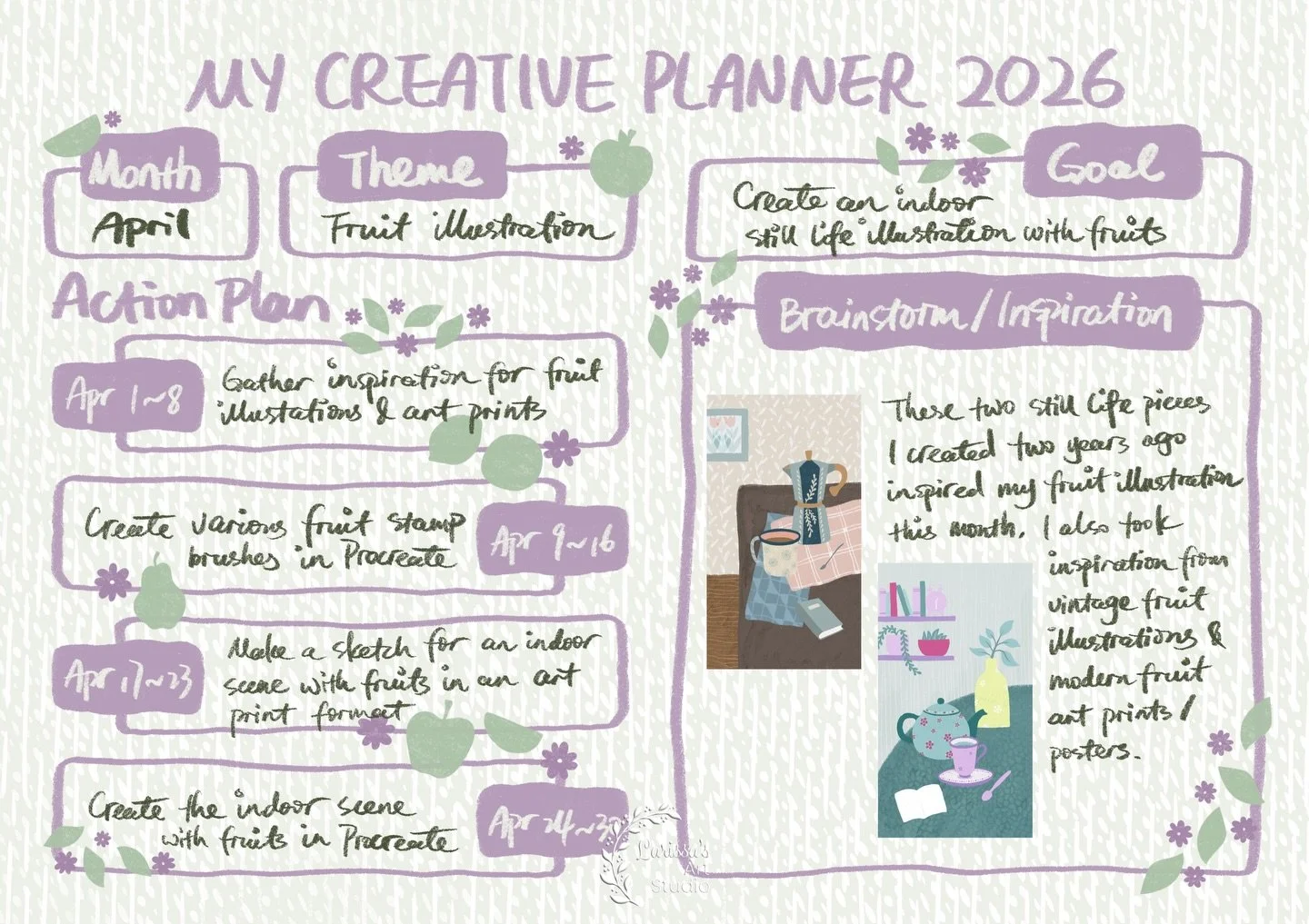 Filling out the April spreads in my creative planner, for the fruit illustration I&rsquo;ve recently made