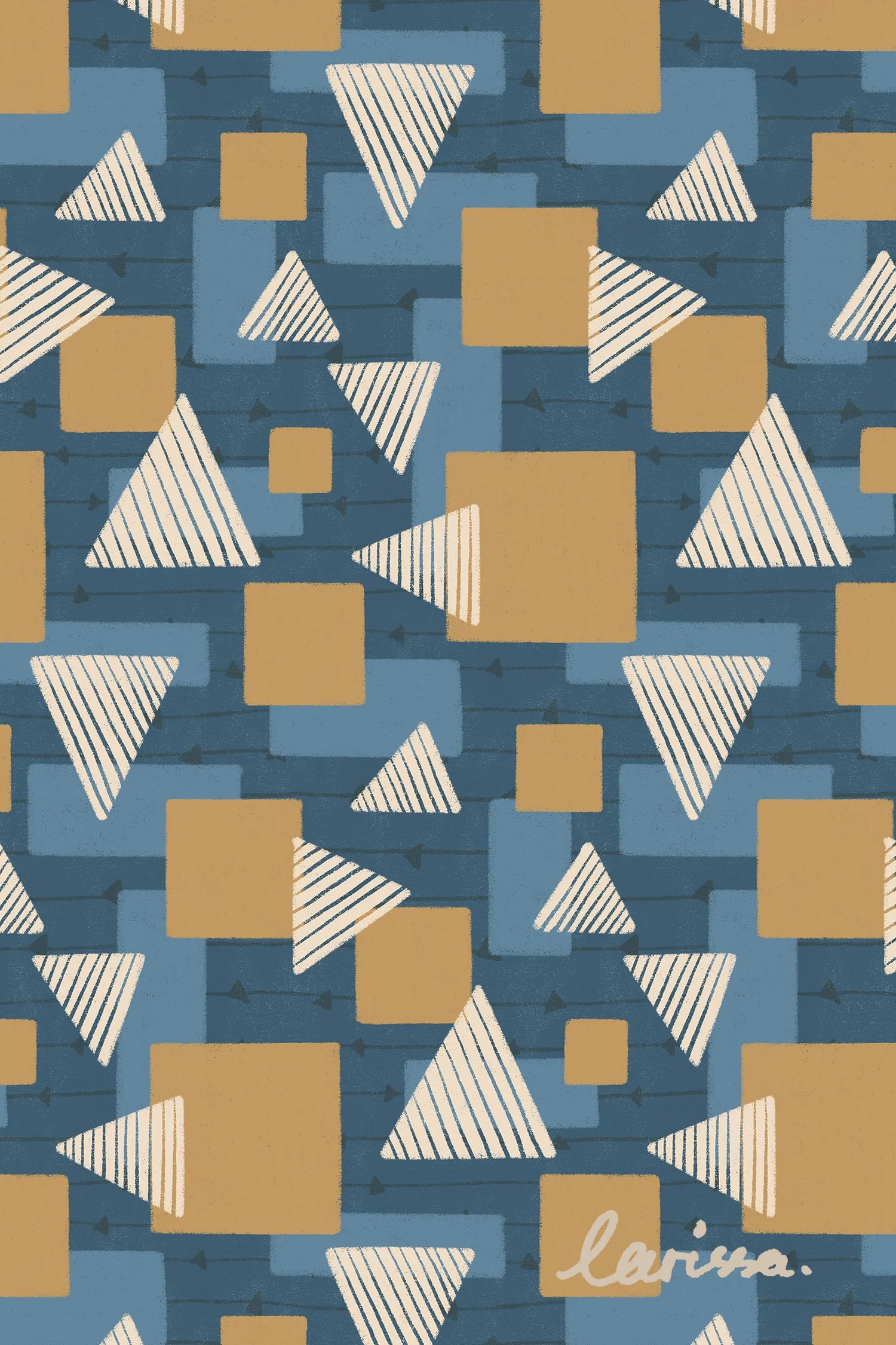 an image of a hand drawn geometric shape pattern in sand yellow denim blue and ivory white