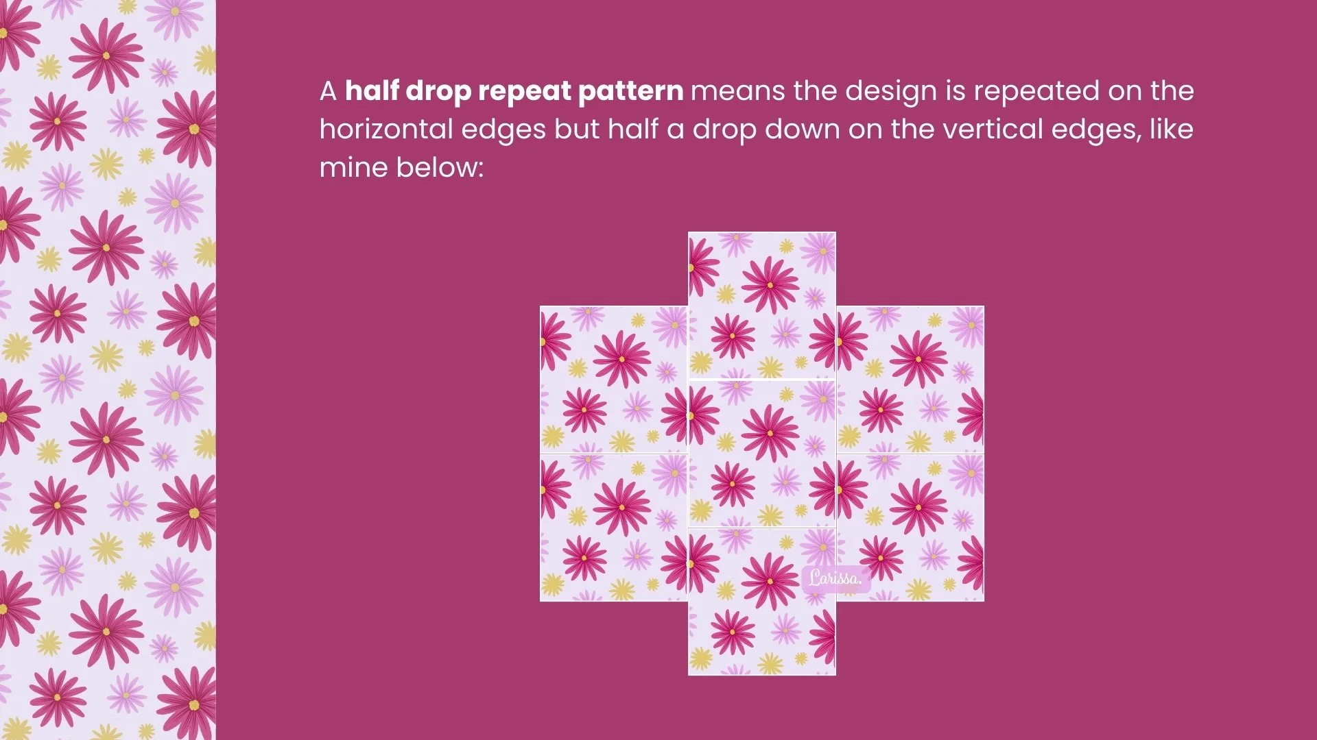 a presentation slide explaining how a half drop repeat pattern works