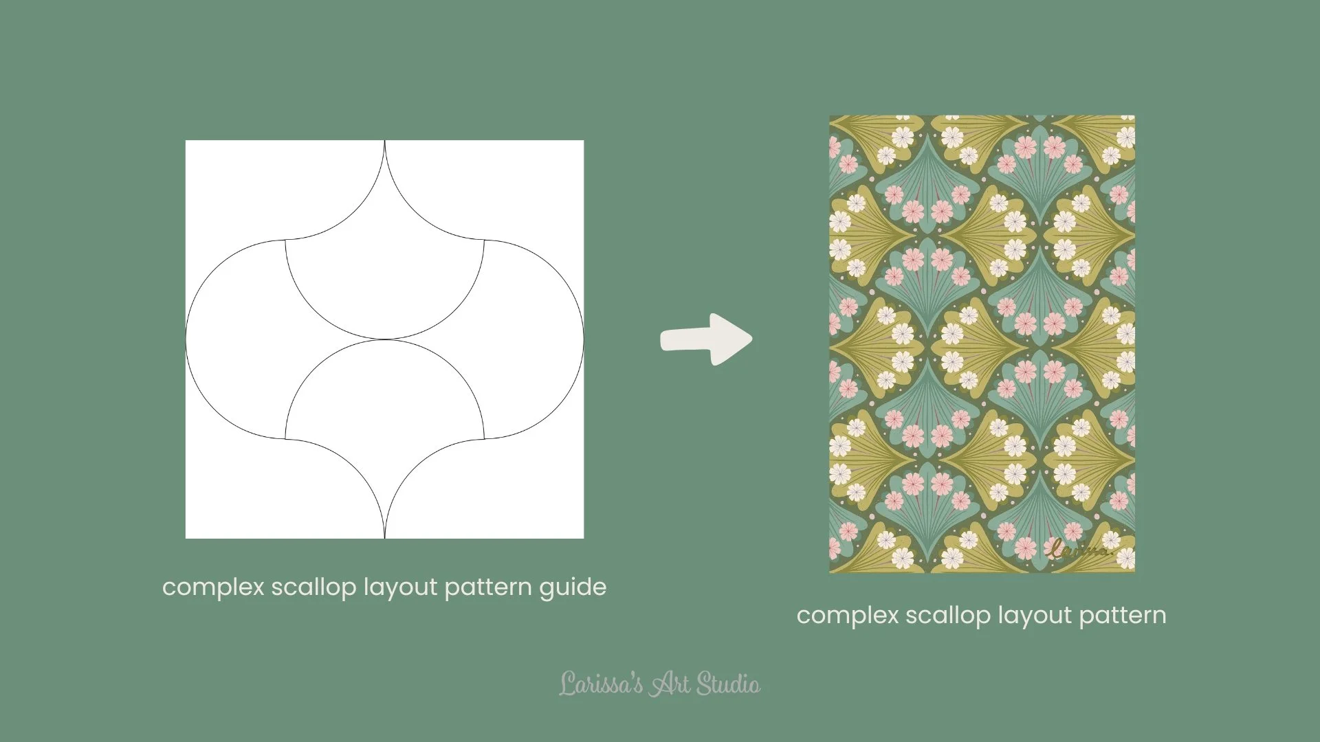 a presentation slide with a complex scallop layout pattern guide and a floral pattern made in line with the guide