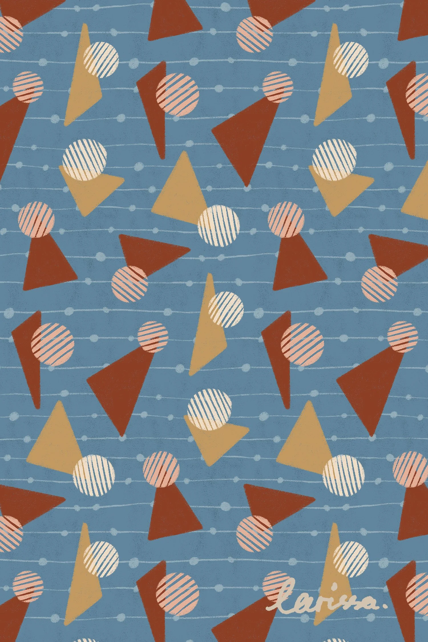 an image of a hand drawn geometric shape pattern in burgundy red sand yellow and denim blue