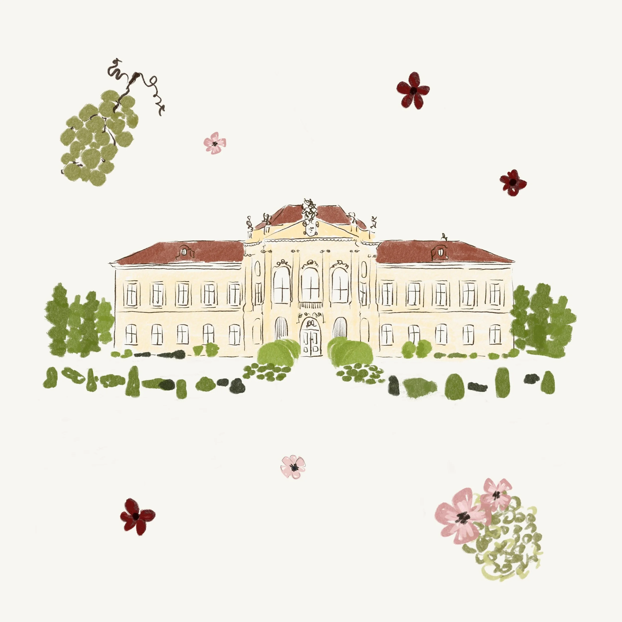 Illustrations made for my friends&rsquo; wedding invitation, taking place at @schloss_eckartsau 🍇

For the couple illustration, they wanted something unique and meaningful, so I incorporated their Chinese zodiac signs - tiger and mouse. Bringing the