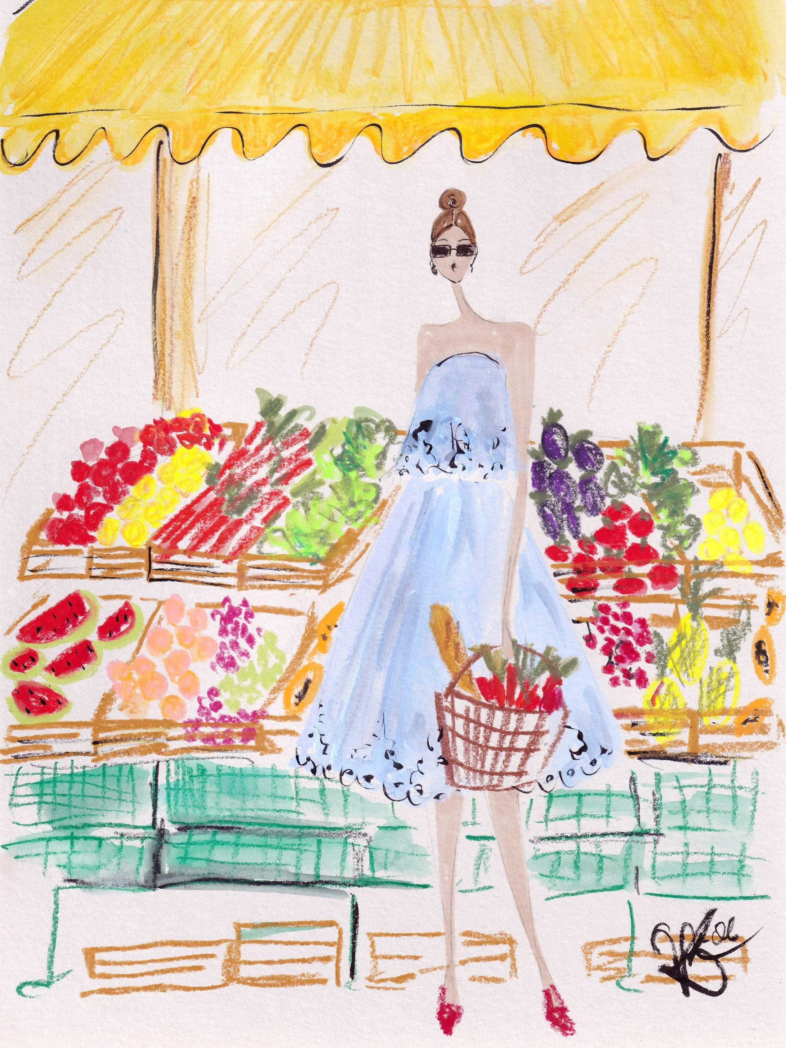 Farmers Market 🧺🫜🍊 thanks to @drawfullco&rsquo;s August art challenge!

I felt immediately inspired by the theme and love how all these colourful market finds including one of my girls came to life 🫐🥖🍓

This illustration is available as a print