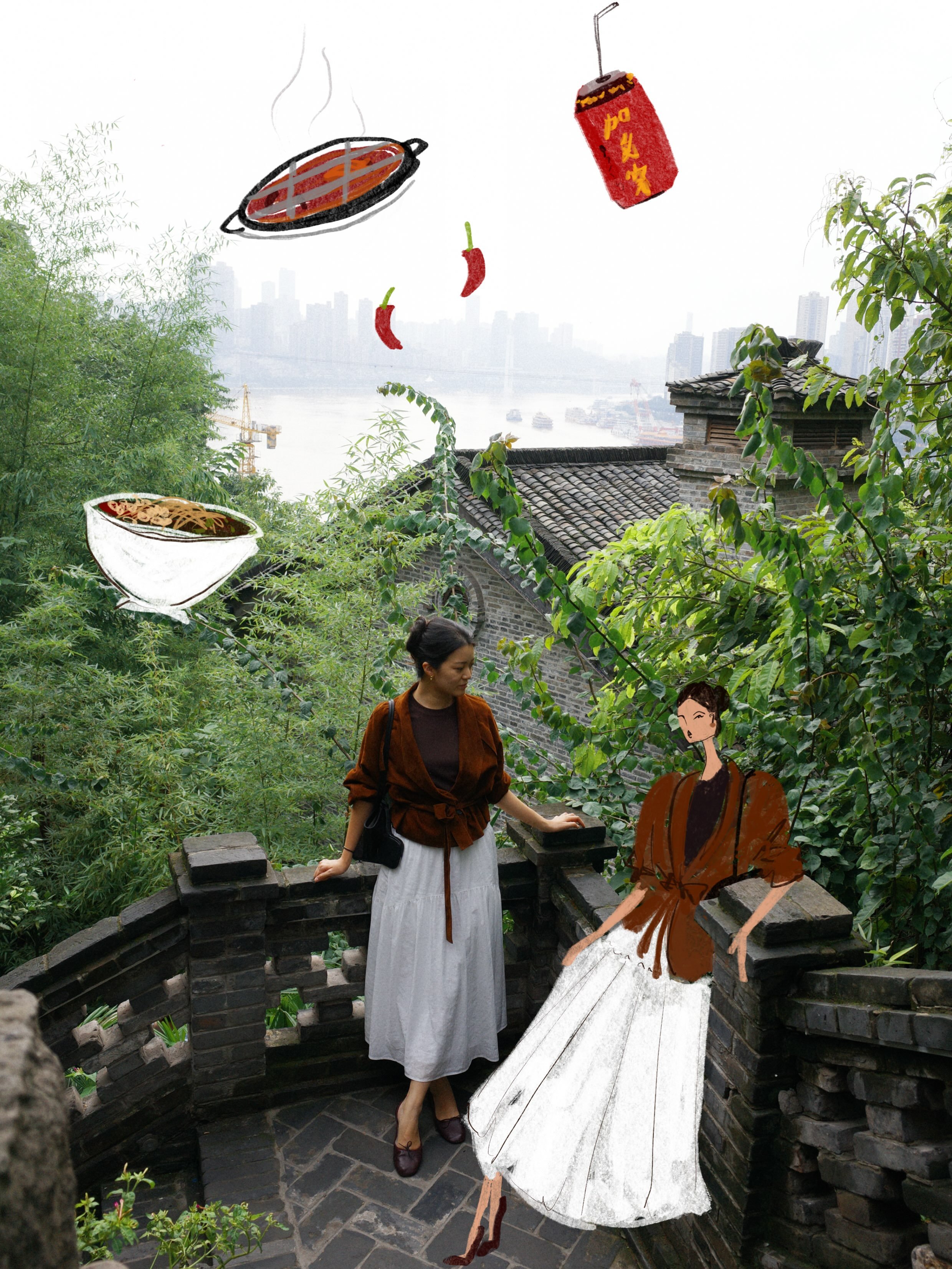 My look on one of the days in Chongqing illustrated. I&rsquo;m already craving #重庆小面 🍜

Skirt&amp;T: @uniqlo 
Flats: @repettoparis 
Jacket &amp; Bag: Chinese independent brands

Travel Look | Fashion Illustration
