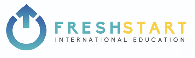 Logo for FreshStart International Education featuring a blue arrow pointing upward within a stylized power button symbol.