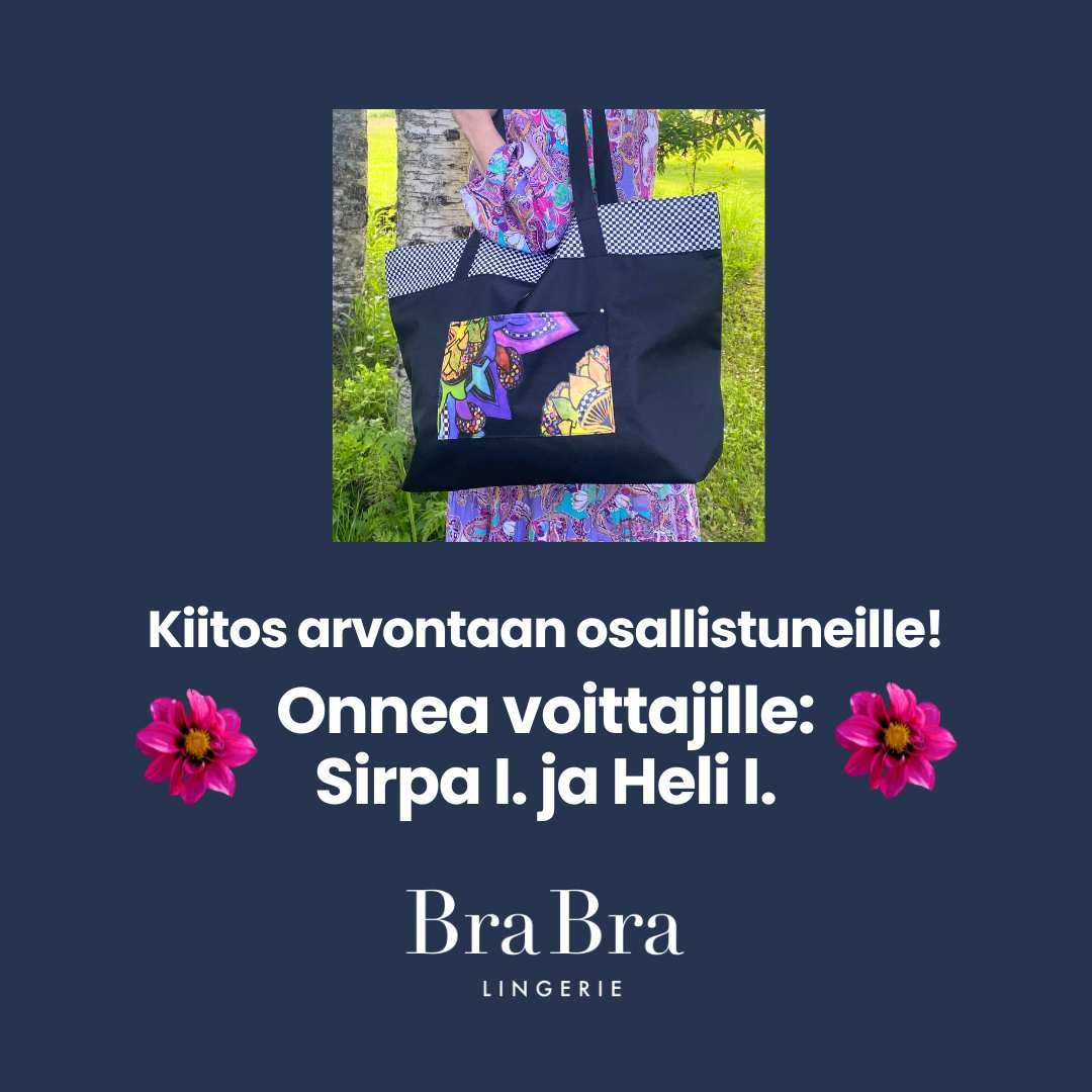 🌼Kiitos juhannusarvontaan osallistuneille! 🌼
🌸 Ihanan vetoketjullisen Sunflairin rantakassin voitti Sirpa Ilvesluoto ja ystävänsä tägännyt Heli Ilvesluoto saa yllätyslahjan. 🌸
🎉 Onnea voittajille!
🎁 Palkinnot vo