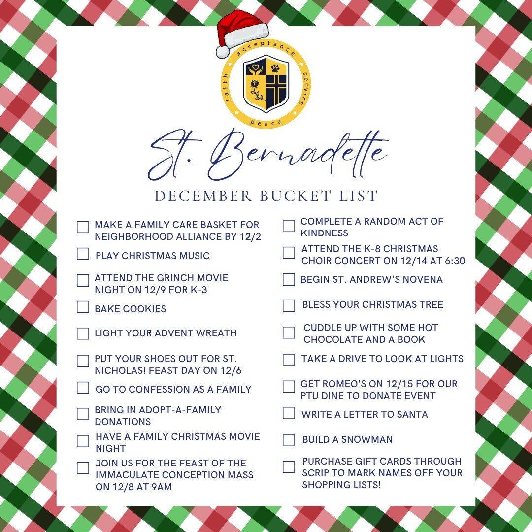 St. Bernadette School's December Bucket List &bull; How many can your family check off this month?