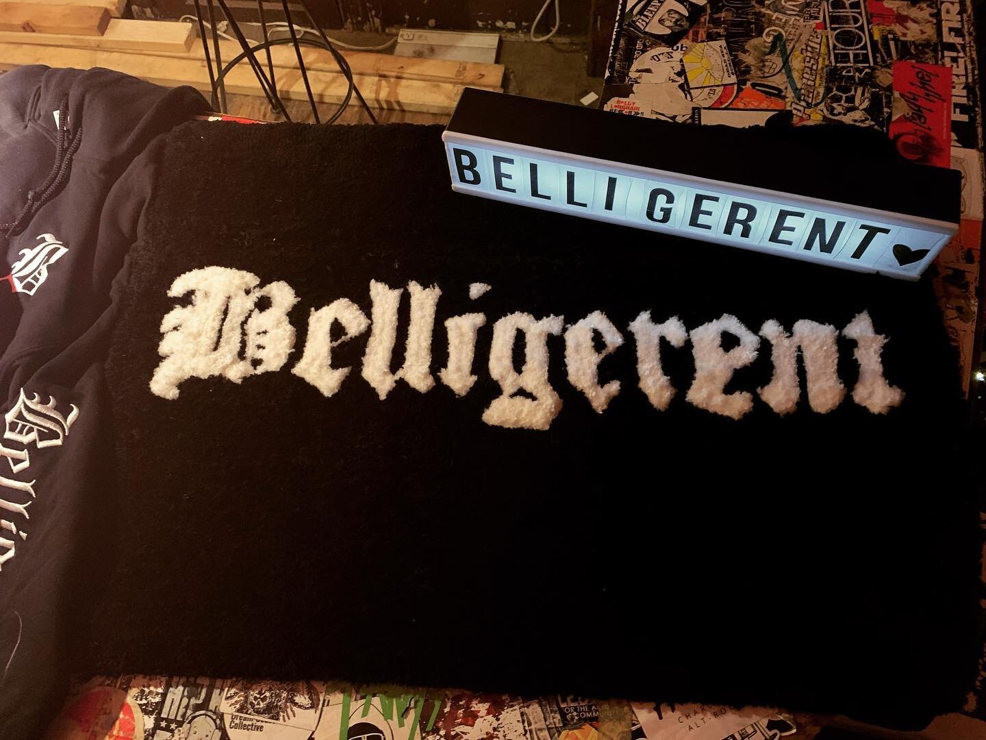 This one of a kind , hand made Belligerent rug is now available for purchase 👏🔥👏💸 $100 💸 If you are interested please DM us for more info ⛓⚔️⛓ Major shout out to @charles_huebert hit him up if you are looking for some custom rug work 💜 #bellige