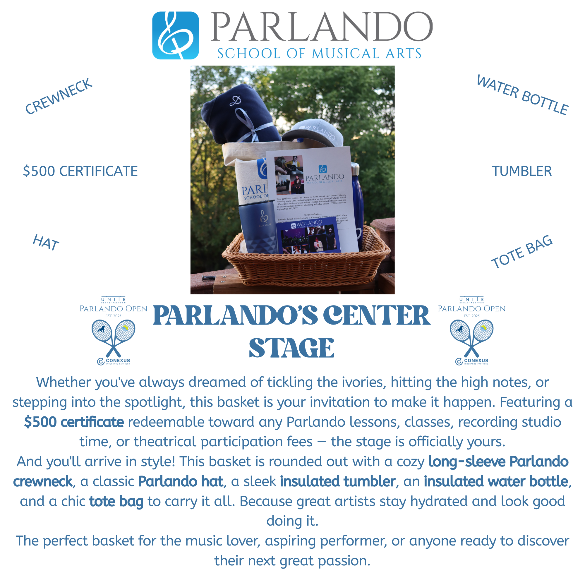 A promotional flyer for Parlando School of Musical Arts featuring a gift basket with a navy blue Parlando hat, a stainless steel water bottle, and a tote bag, set outdoors with green trees in the background.