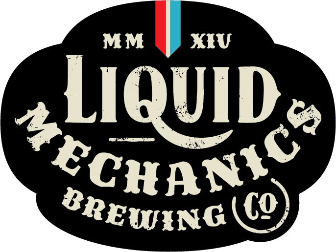 Black background with white vintage-style text reading "Liquid Mechancis" and "Brewing Co." and a red, white, and blue stripe emblem at the top.