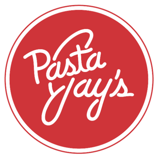Pasta y Bay's logo with red background and white text