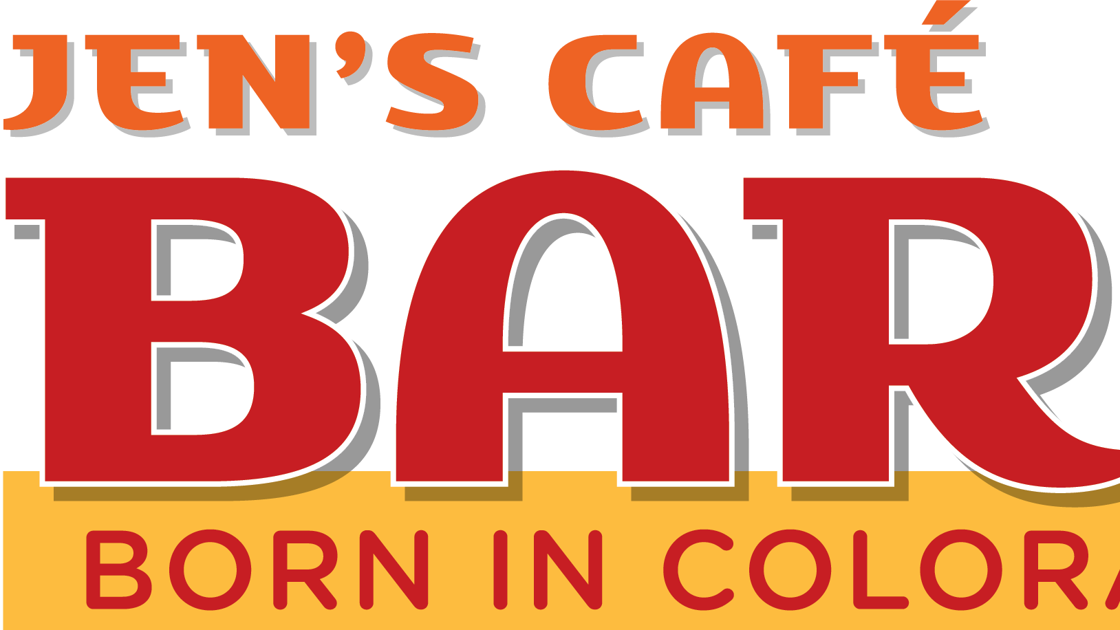 Colorful sign for Jen's Café with bold red and orange text, emphasizing the phrase 'BORN IN COLOR'.