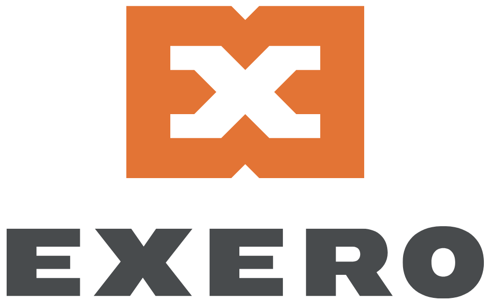 EXERO logo with an orange square and white stylized 'X' inside, and the word 'EXERO' in black uppercase letters below.