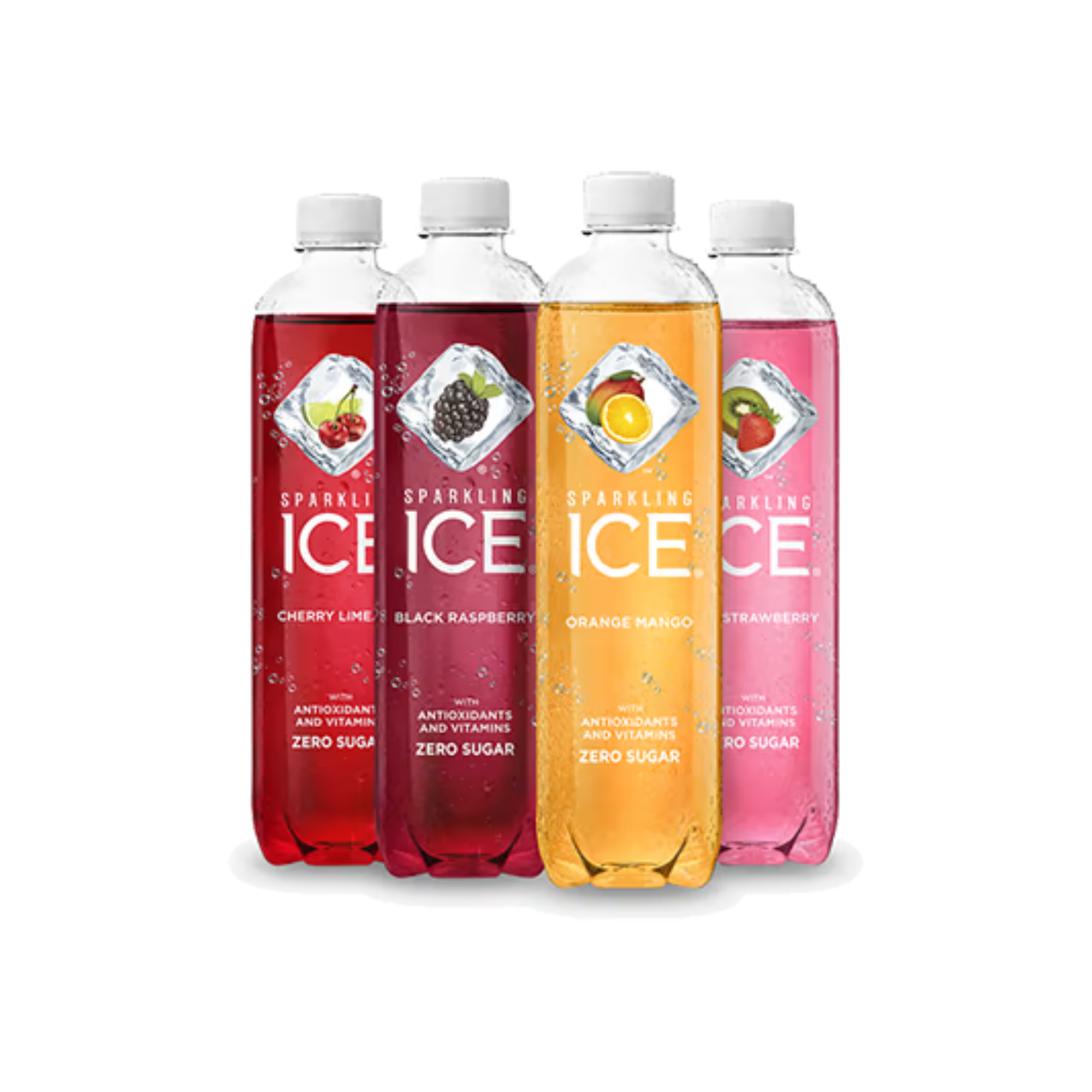 Four bottles of sparkling ice flavored water in red, dark red, orange, and pink colors with images of fruit on the labels.