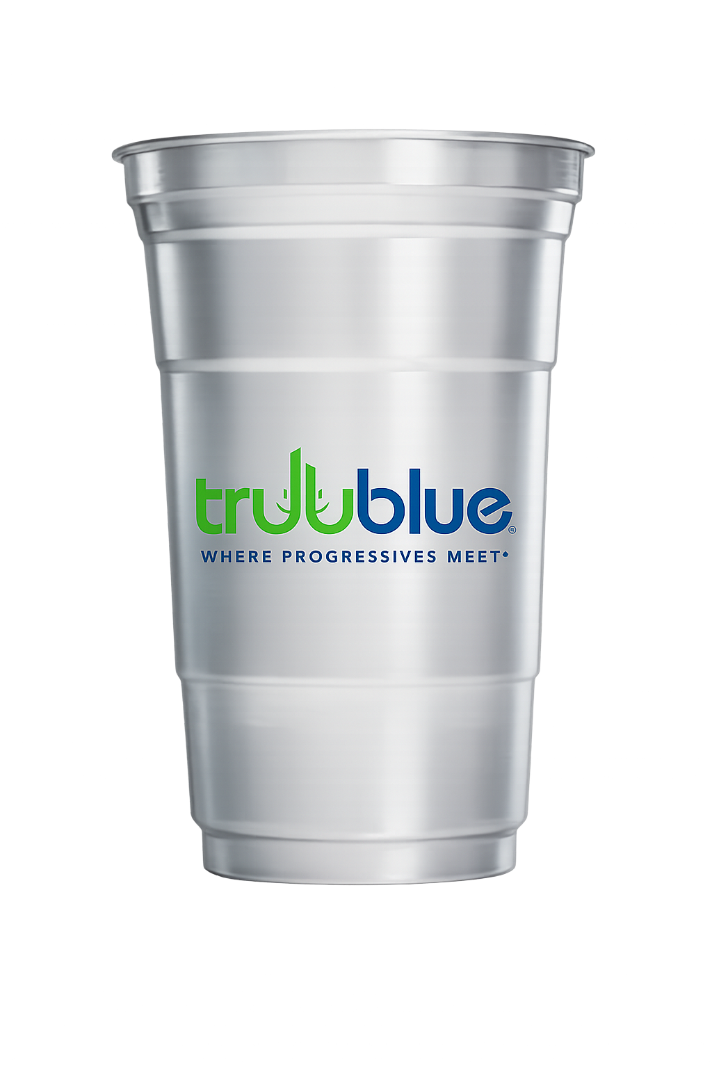 A white reusable cup with the True Blue logo and slogan 'Where Progressives Meet' on it.