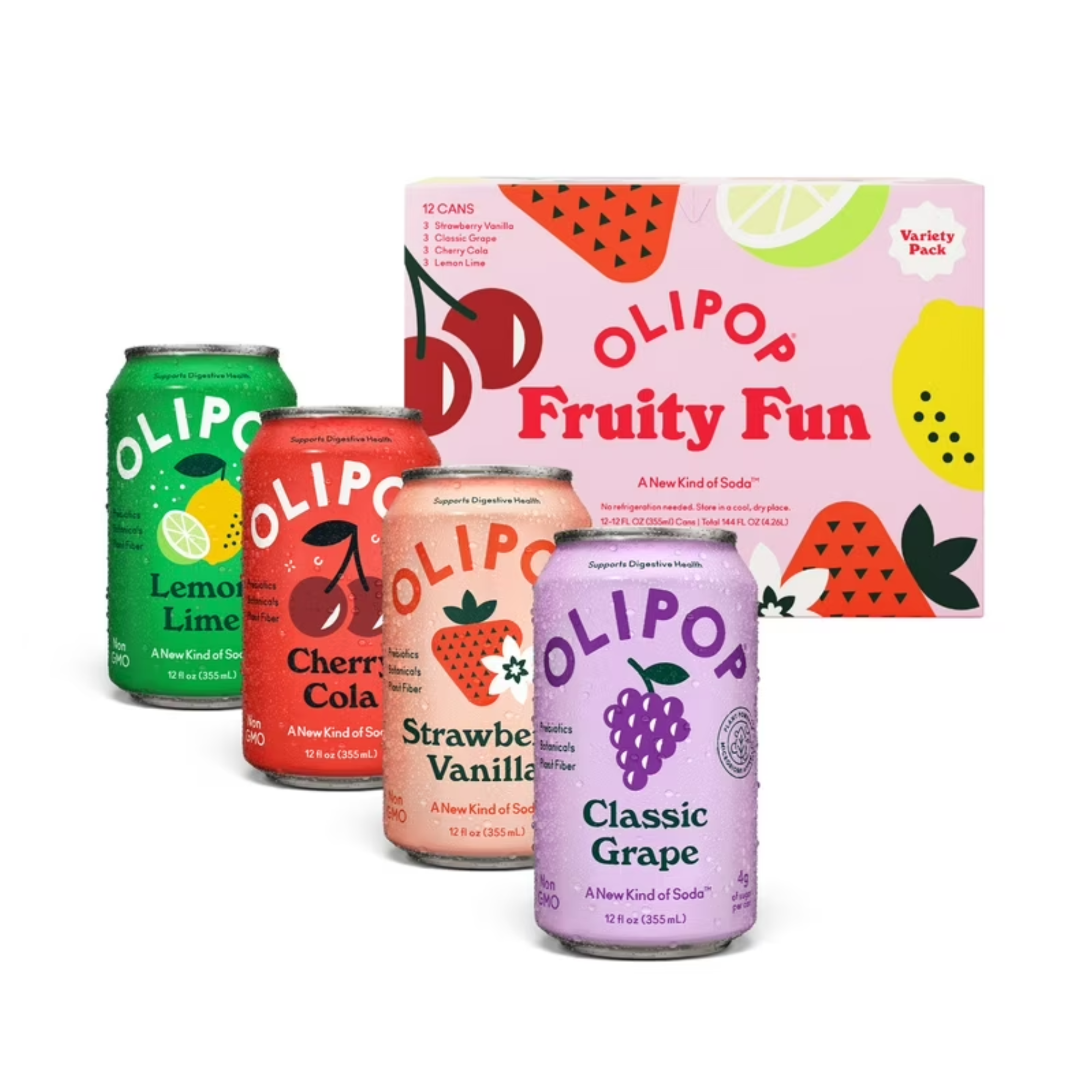 Various cans of Olipop flavored soda in different colors, including lemon lime, cherry cola, strawberry vanilla, and classic grape, arranged in front of a pink box labeled Olipop Fruity Fun.
