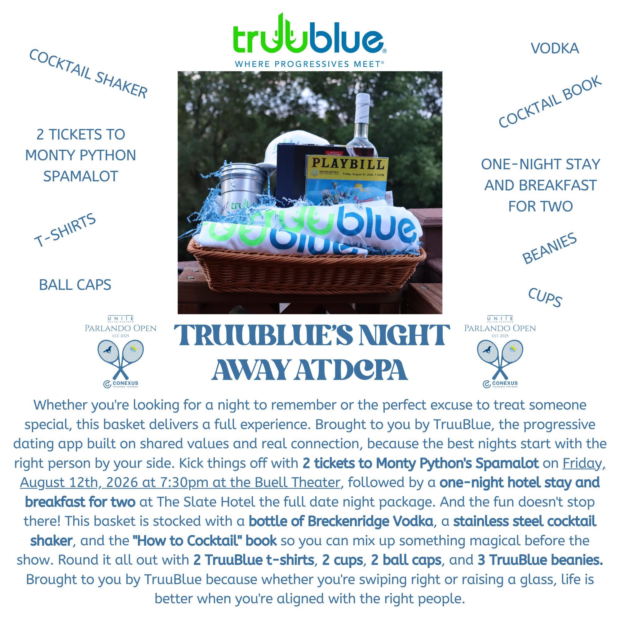 A promotional flyer displaying a basket filled with promotional items for an event, with a box of the playbill, a bottle of vodka, and various branded items, set outdoors with a background of trees.