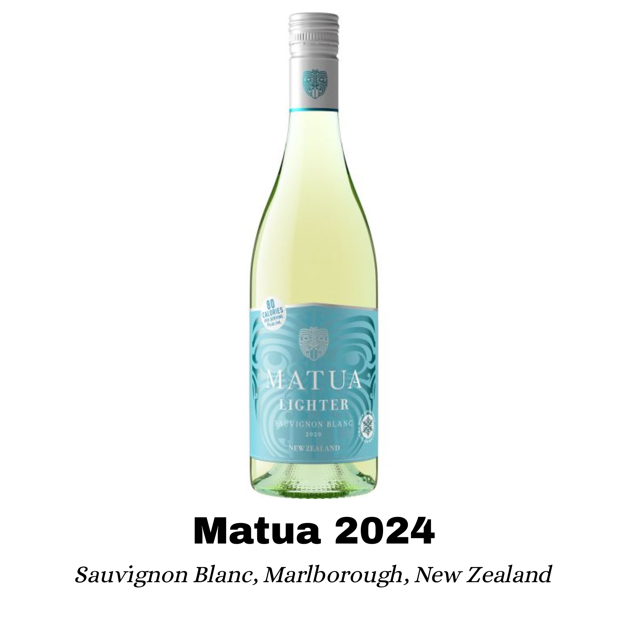 A bottle of Matua 2024 Sauvignon Blanc wine from Marlborough, New Zealand. The label is blue with wave-like designs and features the Matua logo with a Maori-inspired mask.