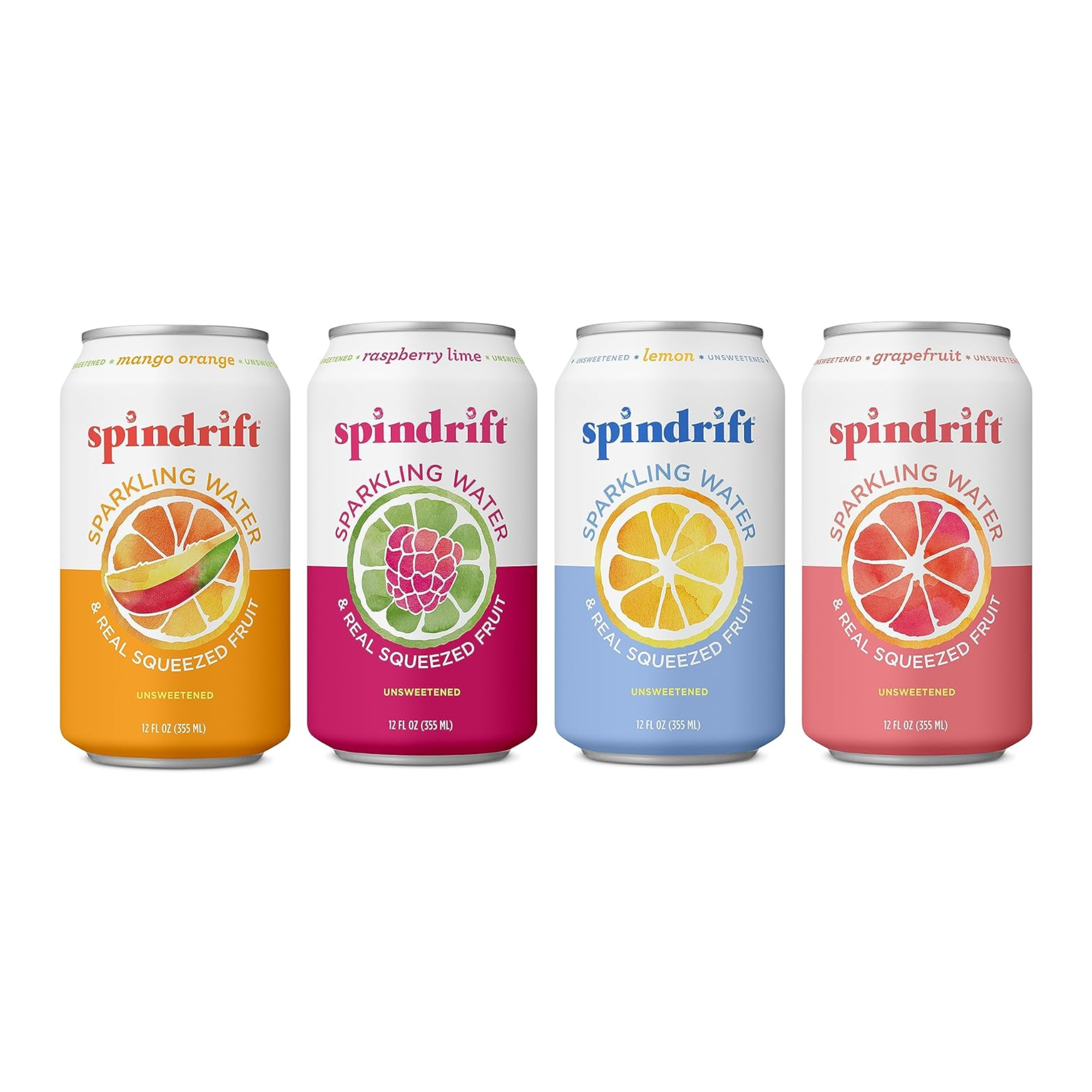Four cans of Spindrift sparkling water with different flavors: mango orange, raspberry lime, lemon, and grapefruit, arranged in a row.
