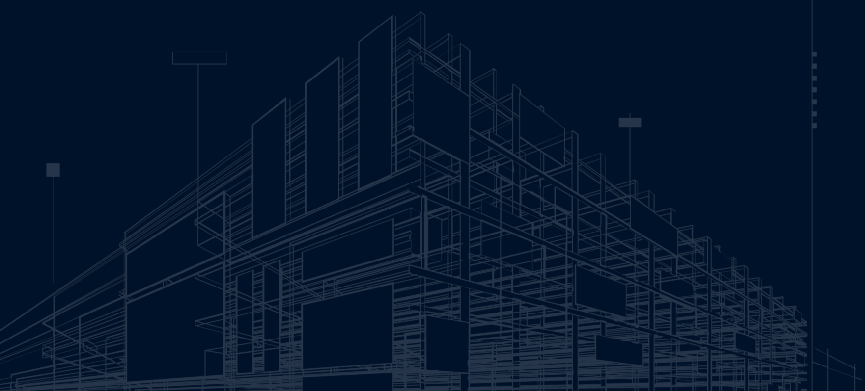 Blueprint drawing of a modern building under construction on a dark background.