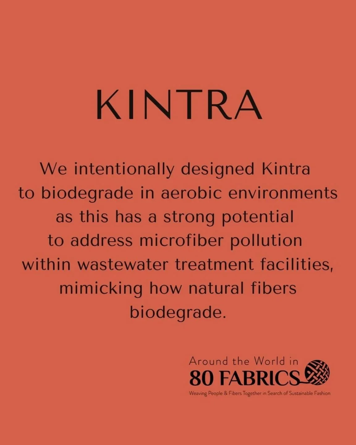 "We intentionally designed Kintra to biodegrade in aerobic environments as this has a strong potential to address microfiber pollution within wastewater treatment facilities, mimicking how natural fibers biodegrade." - @kintrafibers

#atw80