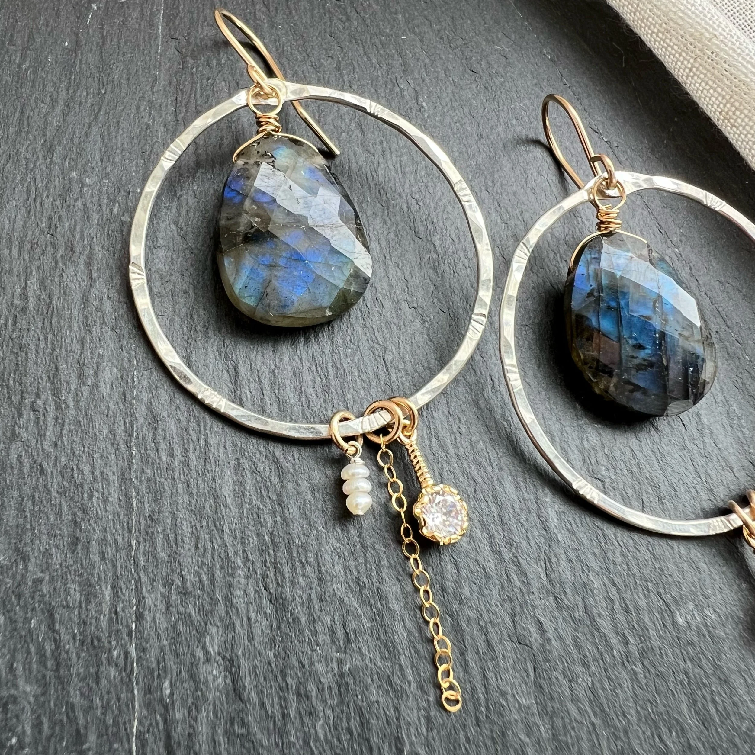 Labradorite Charm Hoops LG