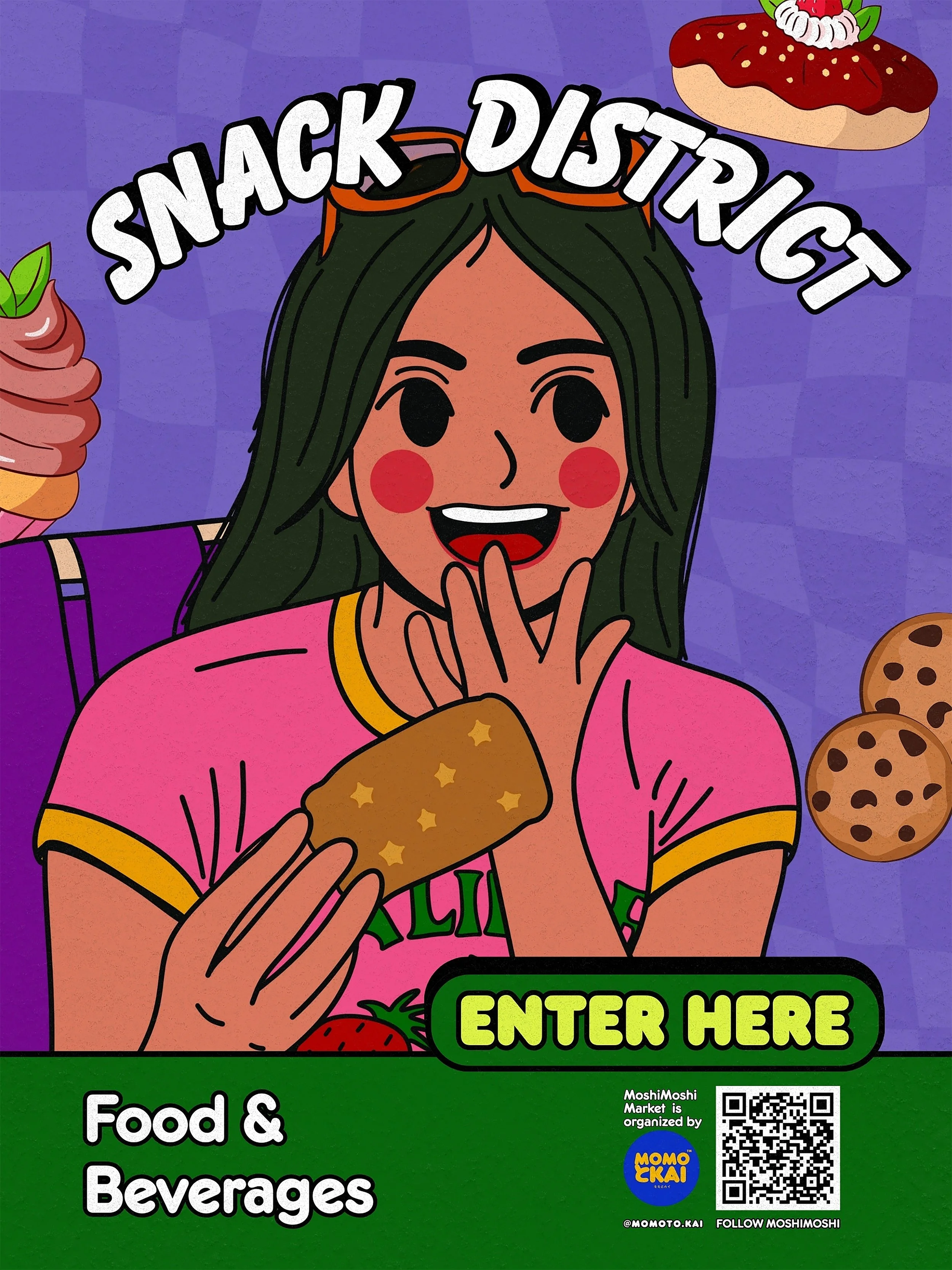 A colorful cartoon illustration of a girl with long green hair, holding a cookie in one hand and appearing happy. The background features various food items like a burger, cupcakes, and a donut. The text says 'Snack District' at the top and 'Food & Beverages' at the bottom, with a green button that says 'Enter Here'.
