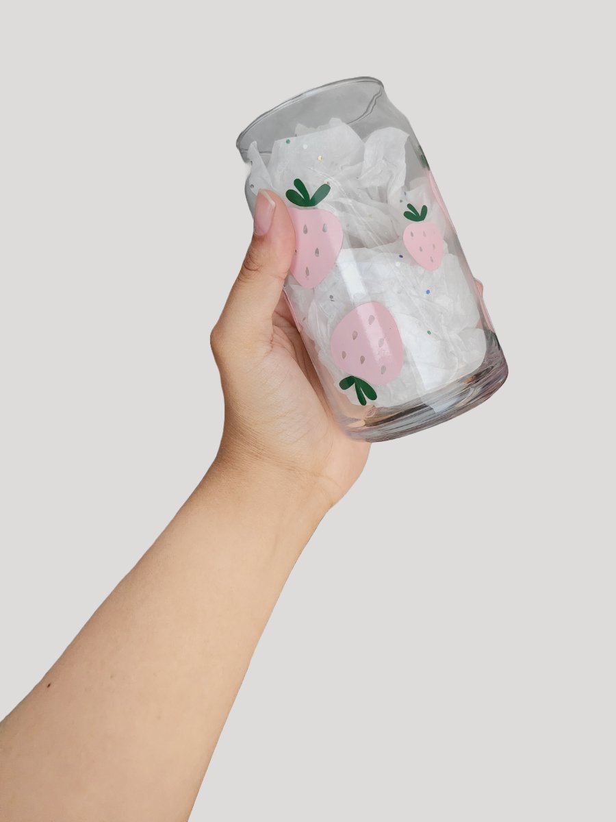 Pink Strawberry 16oz Glass Cup