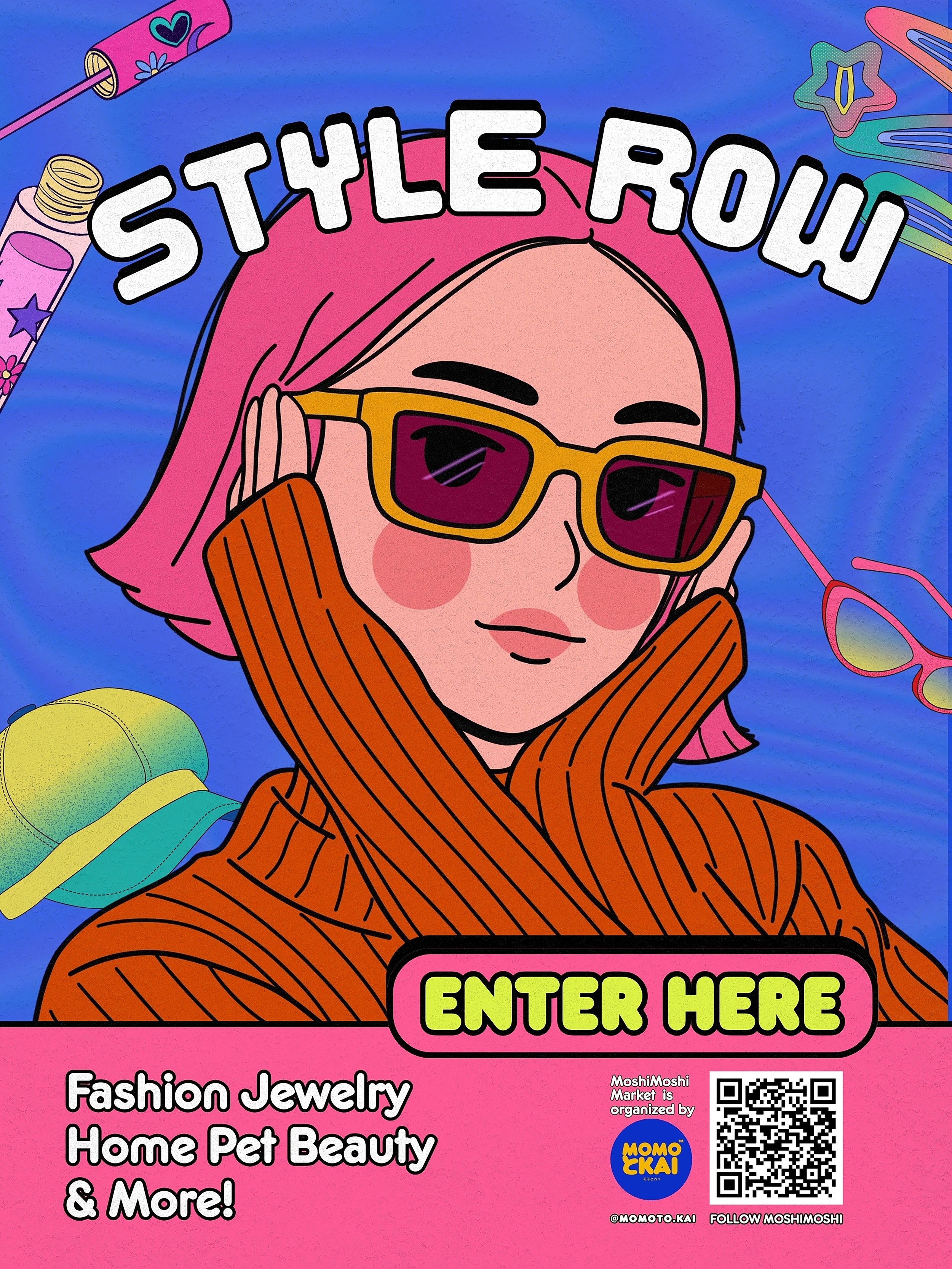 A digital illustration of a woman with pink hair wearing sunglasses and an orange striped sweater. The background features colorful objects like makeup, jewelry, and accessories, with the text "Style Row" at the top and a pink button that says "Enter Here." Additional text promotes fashion, jewelry, home pet, beauty, and more.