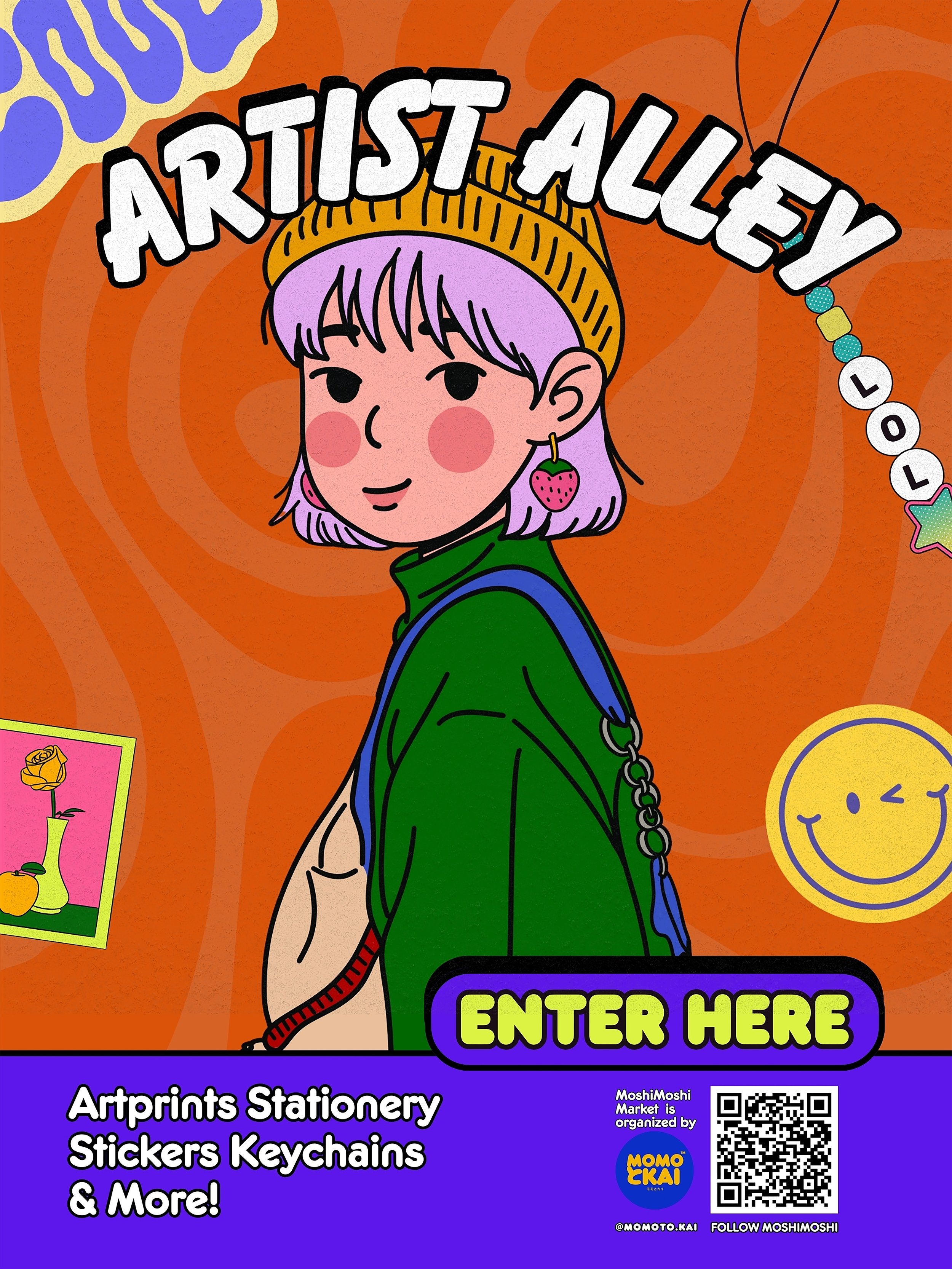 Colorful poster for an art gallery, featuring a cartoon girl with lavender hair, a yellow beanie, and a green jacket, surrounded by stickers, a smiley face, and a small picture of a yellow flower vase. Text reads 'ARTIST ALLY' and 'ENTER HERE', advertising art supplies and accessories.
