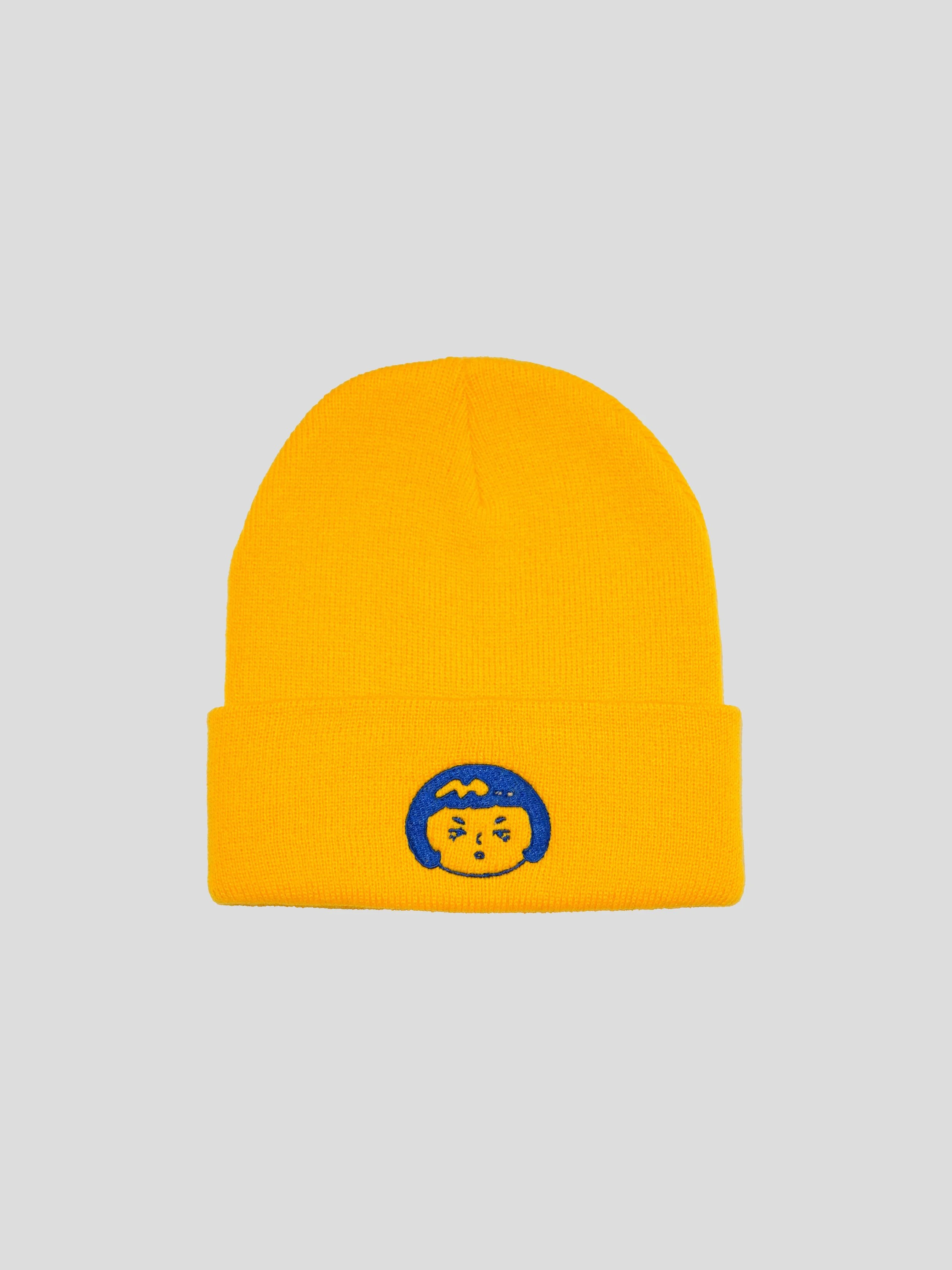 モモ Embroidered Cuffed Beanie Yellow