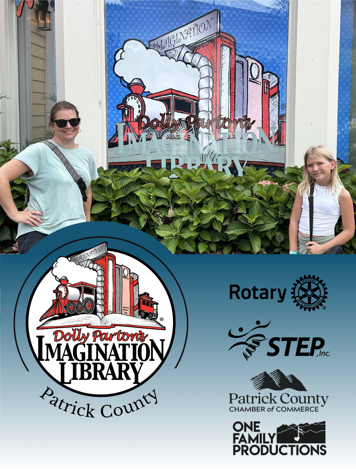 DPIL graphic with two people standing in front of the Imagination Library in Dollywood