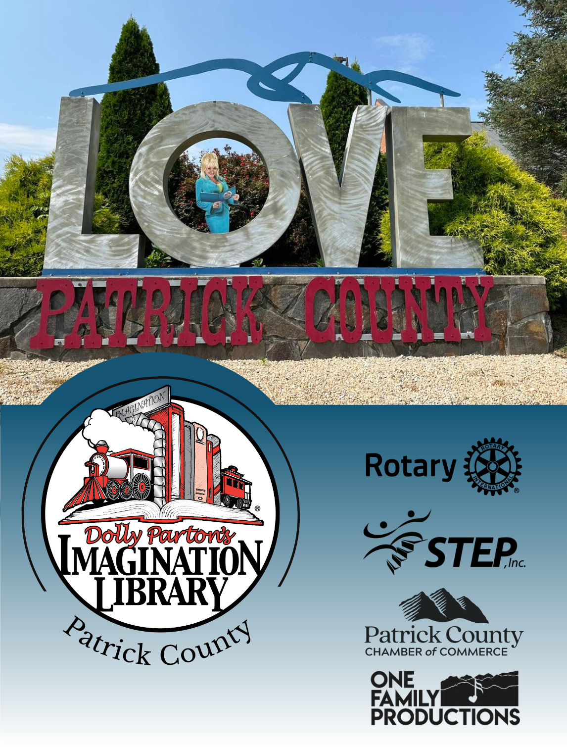 DPIL graphic with Dolly cutout at the Patrick County LOVE sign