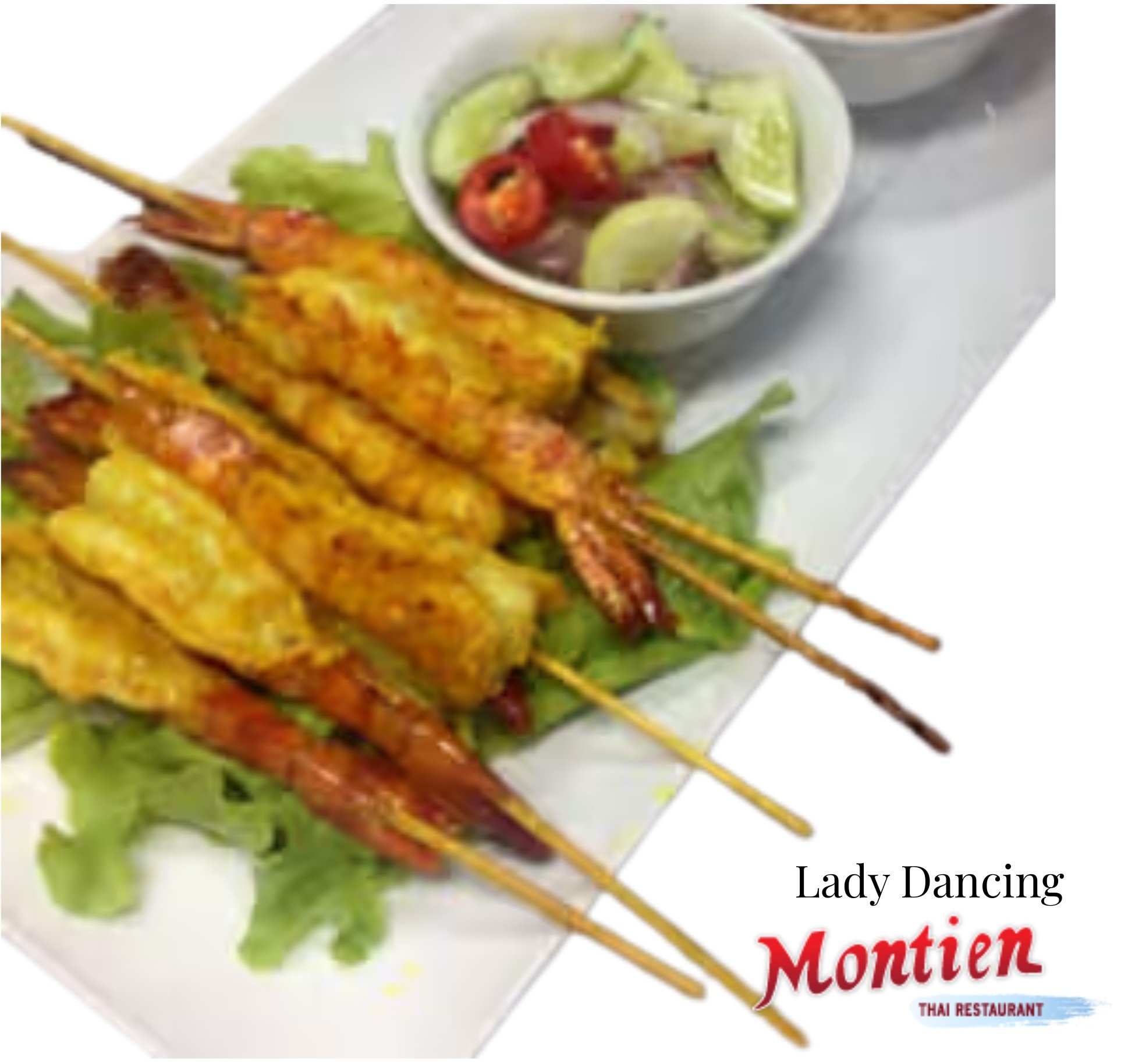 Lady Dancing, 4 pieces. Grilled marinated shrimp with satay sauce on skewer served with peanut sauce. Montien Thai Boston