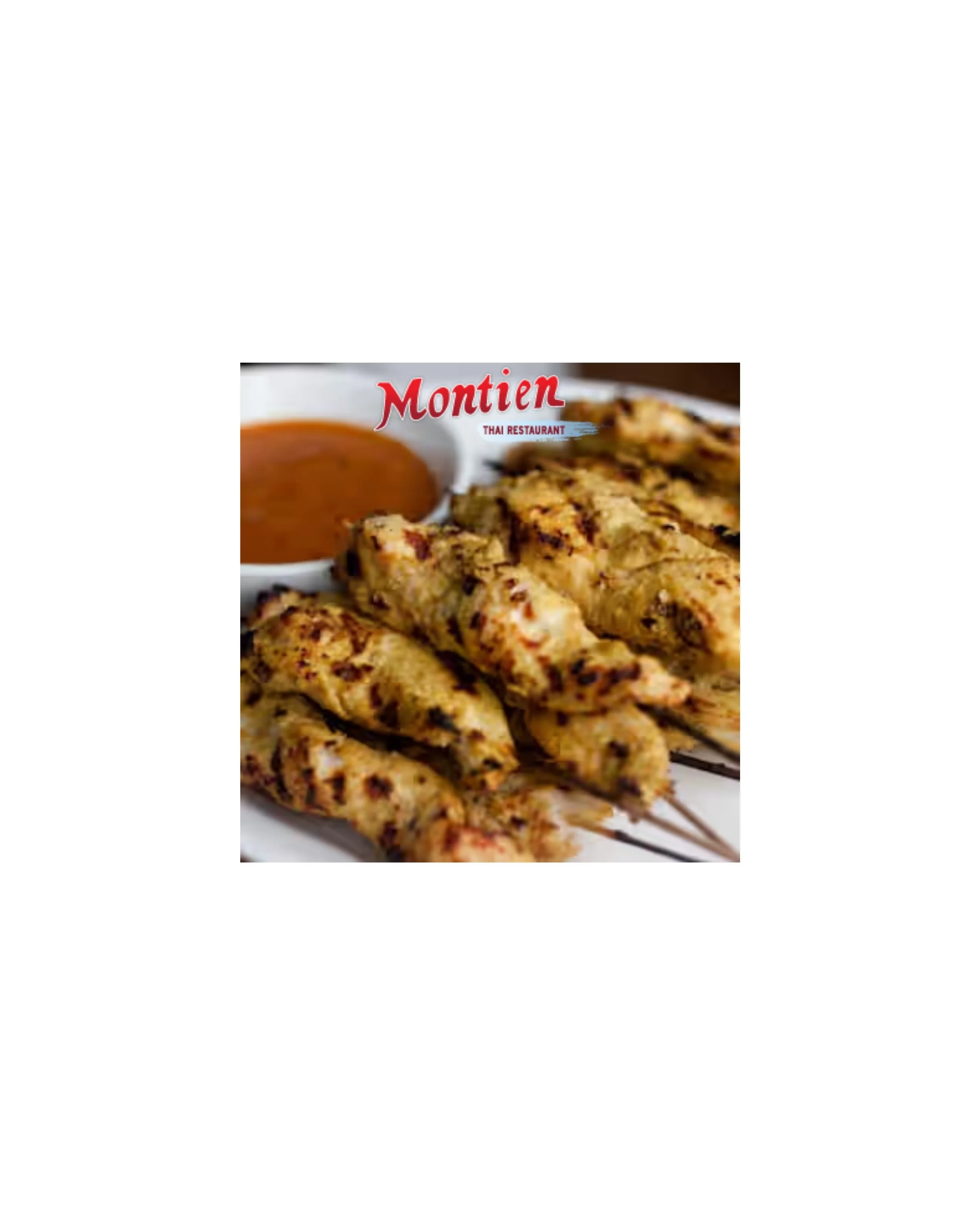 Spicy grilled chicken skewers served with a side of dipping sauce at Montien Thai Restaurant.