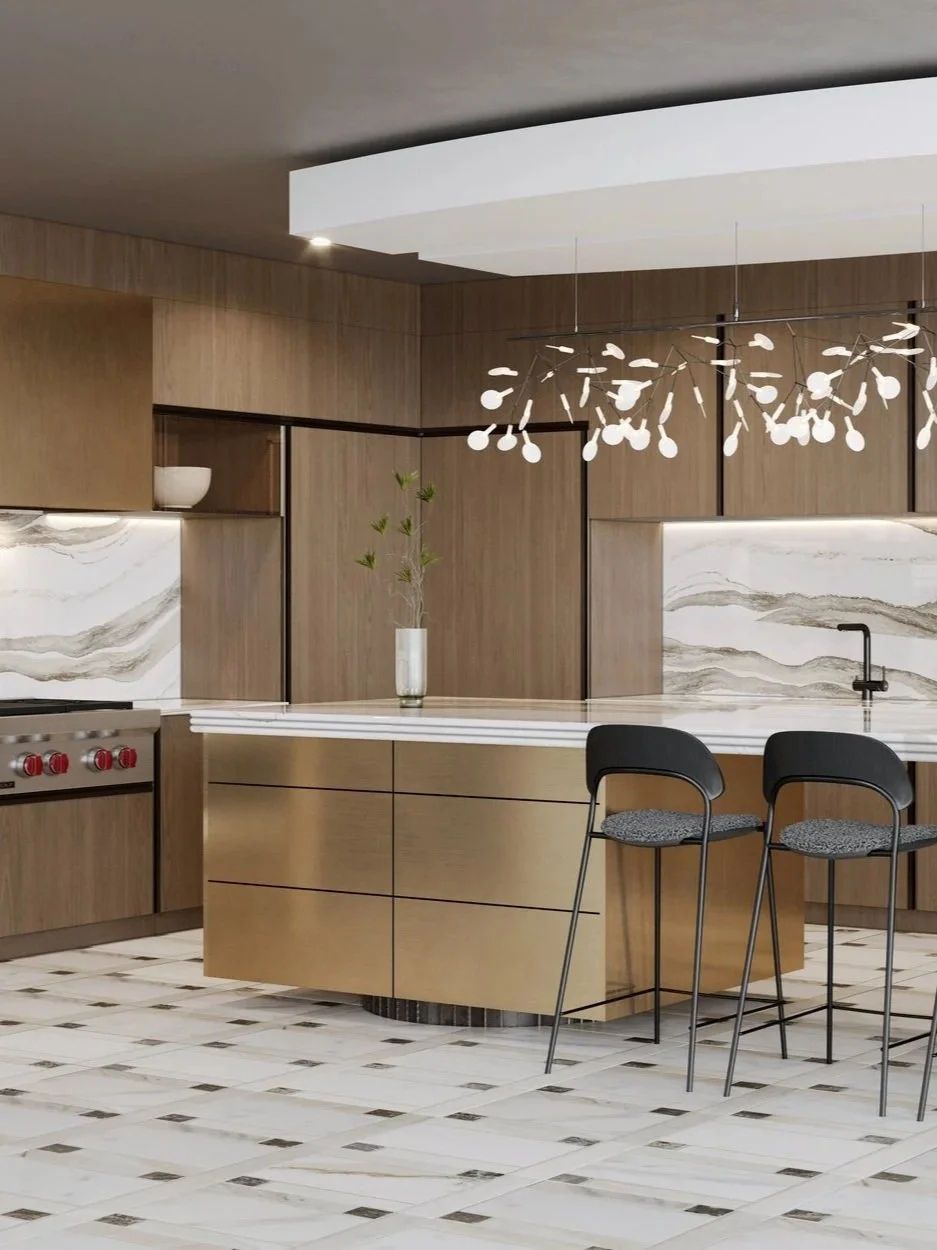 Modern kitchen with wooden cabinets, marble backsplash, an island with a white countertop, two black bar stools, a flower vase with green leaves, and a unique white chandelier.