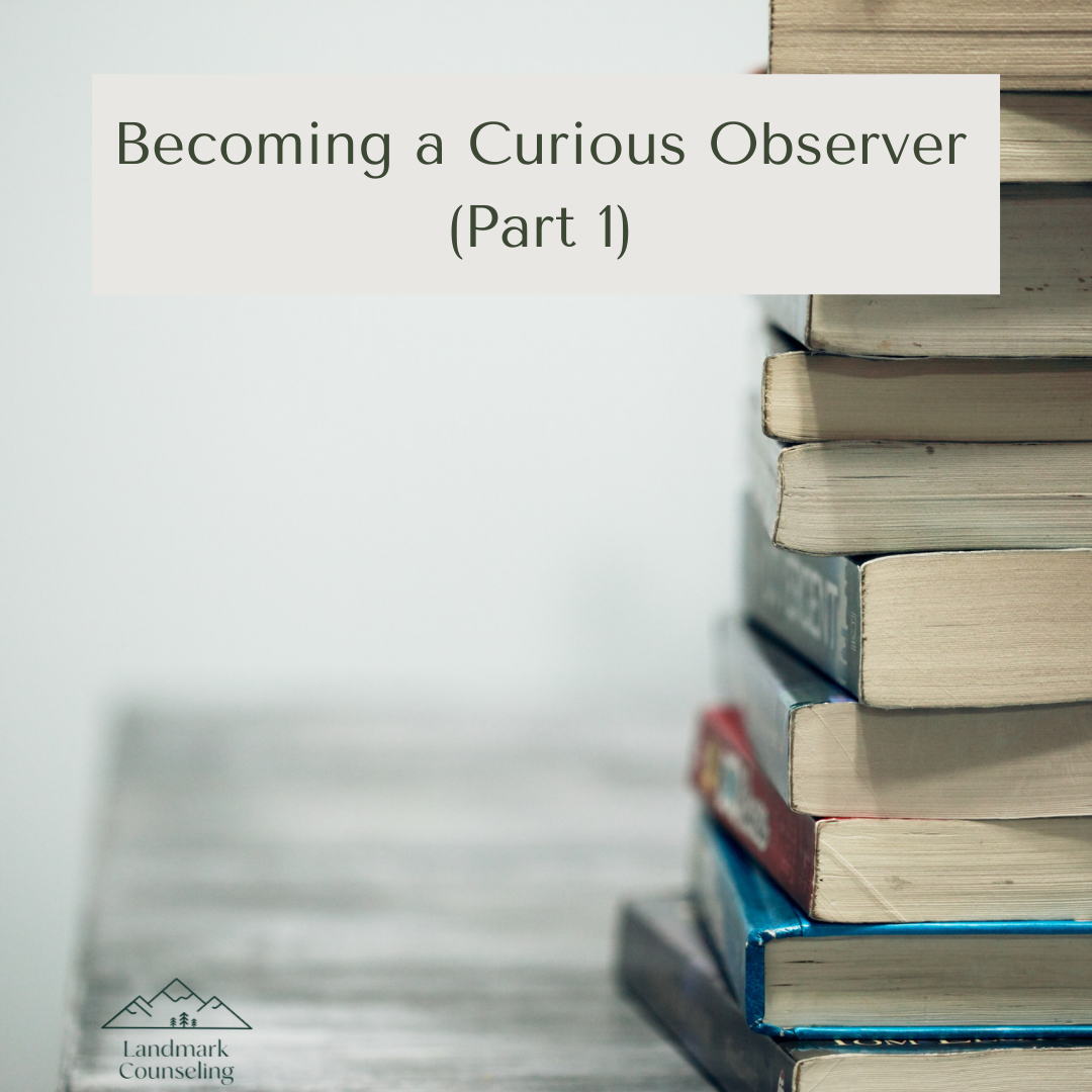 Becoming a Curious Observer Title with a stack of books