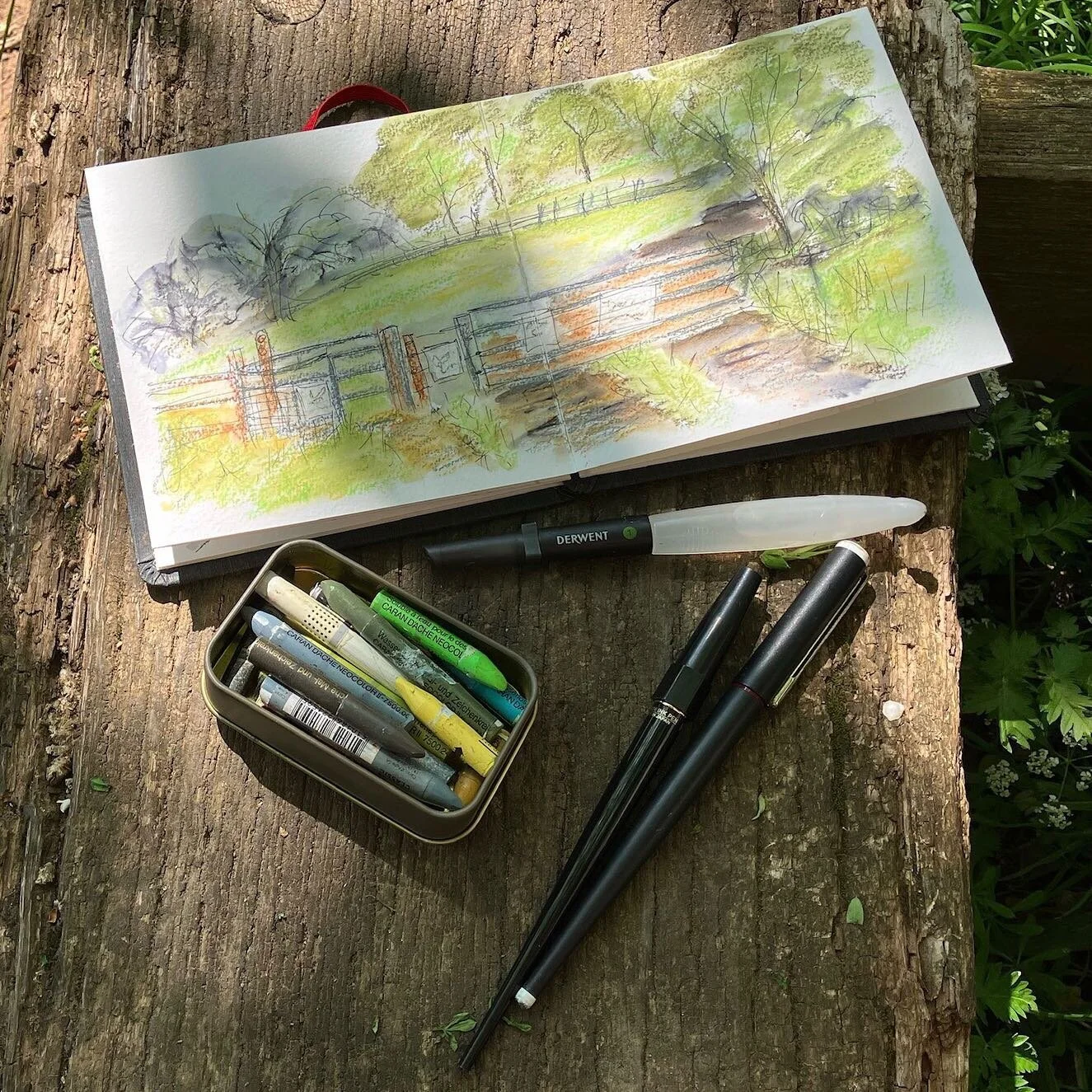 What are your preferred lightweight plein air sketching materials? 

These are mine - ink pens (waterproof + non waterproof), #neocolor2 crayons, water brush and a small sketchbook (#hahnemuehle square concertina in this case)

#sketchingenpleinair #