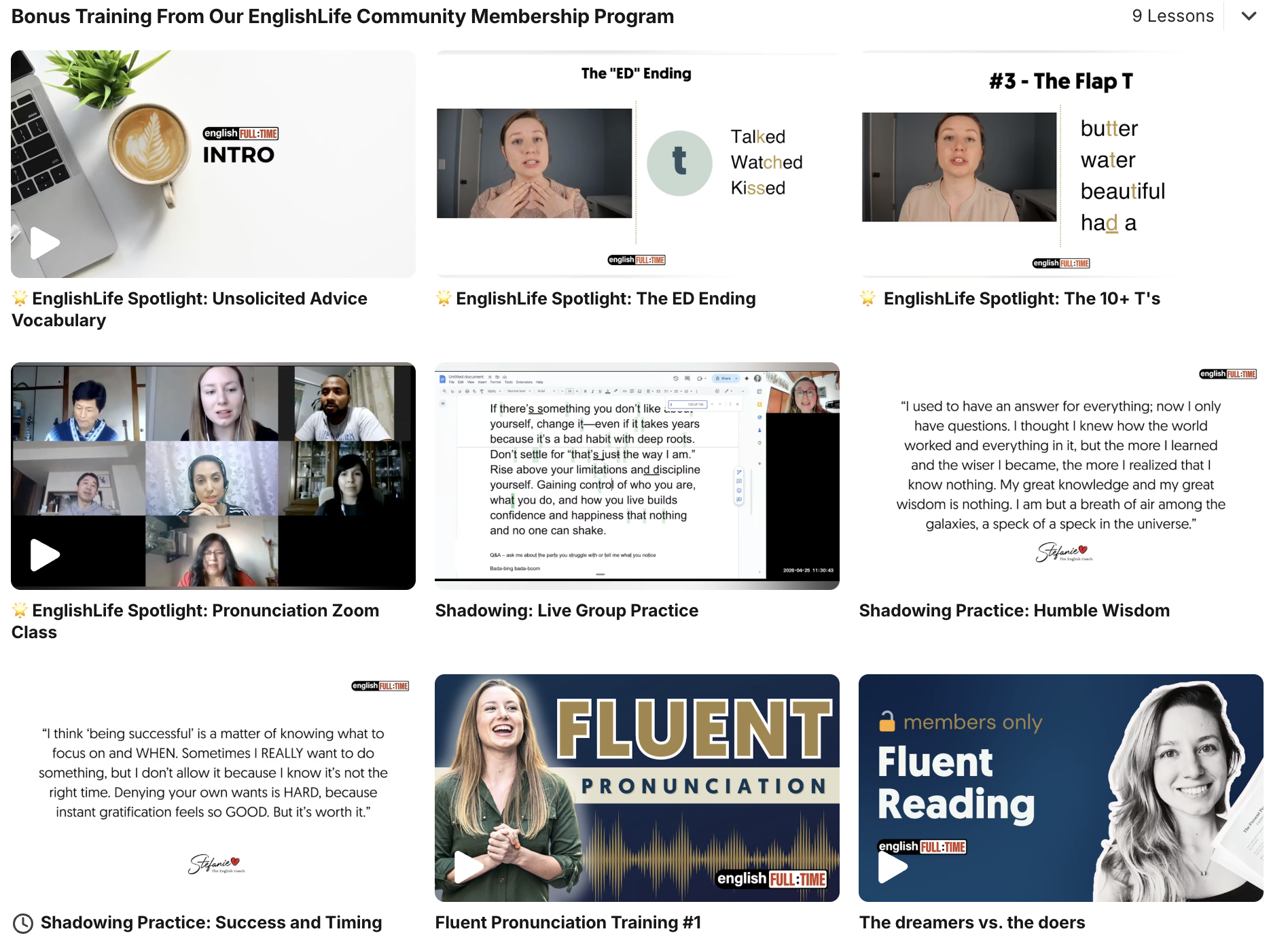 Preview of the bonus training library: 9 lessons including EnglishLife Spotlights, Shadowing Practice, Fluent Pronunciation, and Fluent Reading