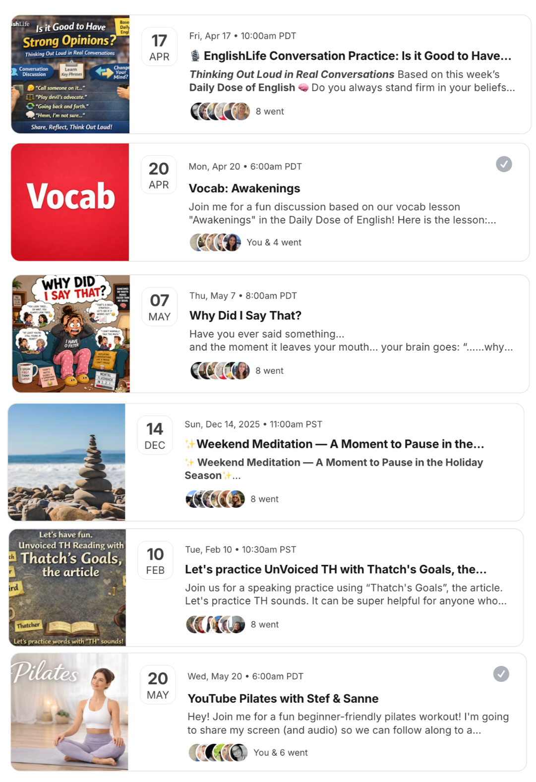 Real member-hosted events inside EnglishLife