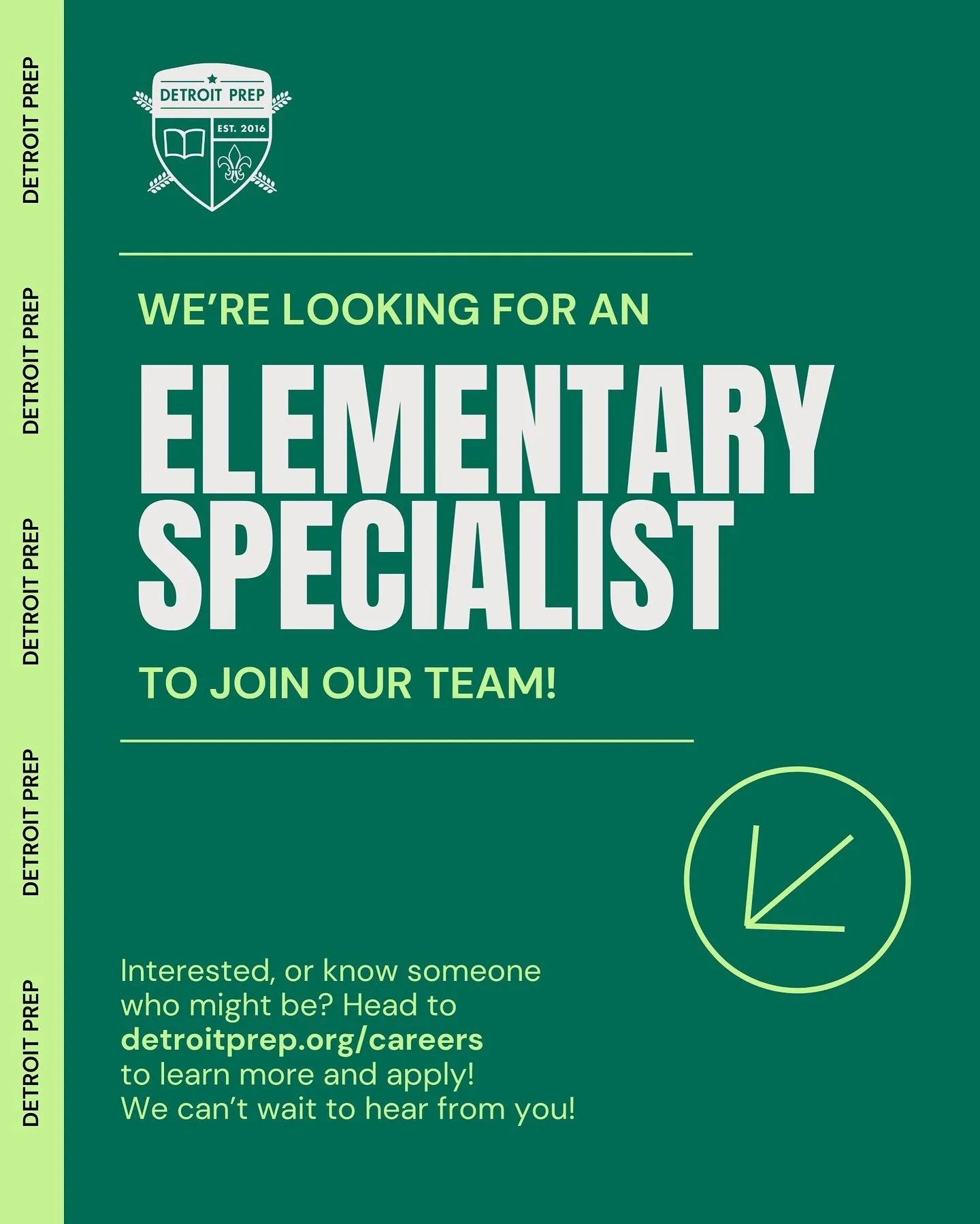✨We&rsquo;re hiring!✨

Detroit Prep is looking for an Elementary Specialist to join our crew!

If you&rsquo;re someone who believes kids in Detroit deserve world-class education, want to be part of a community that believes joy is strategy, and have 
