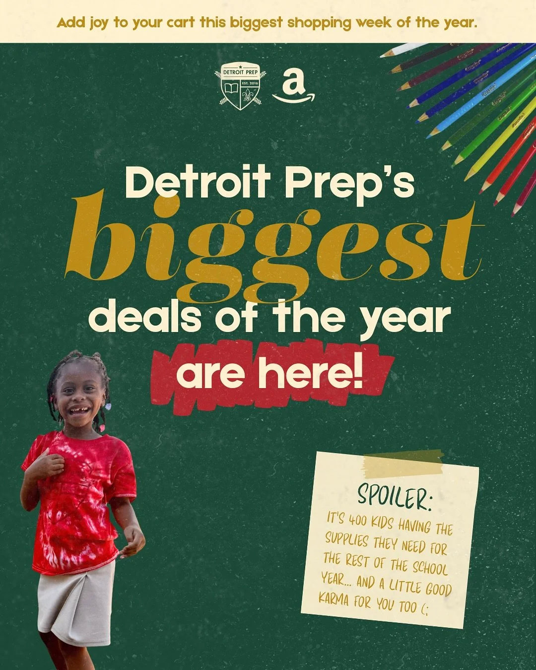 Your feed right now: &ldquo;BUY THIS! FLASH SALE! LIMITED TIME! ⚡️🛍️🔥&rdquo;

Our feed right now: &ldquo;Hey. What if joy was the big deal this week?&rdquo;

Our shopping cart: the #1 item every Detroit kid needs &rarr; school supplies for the whol
