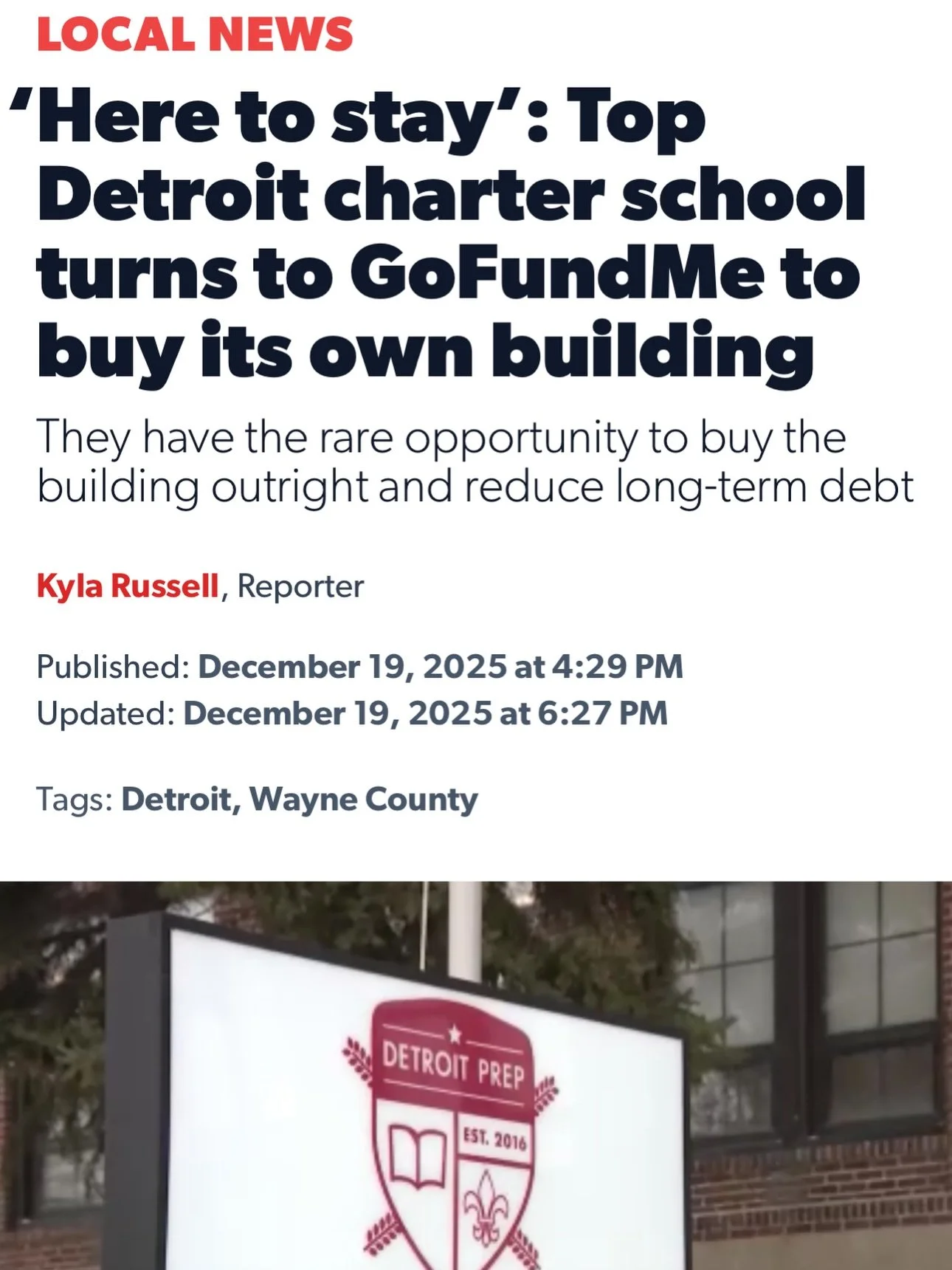We had the honor and opportunity to welcome @local4news last week to highlight the reach of DP&rsquo;s work beyond a single school day. We&rsquo;re on a mission to raise $250,000 to purchase our building &mdash; all in for our kids and neighborhood. 