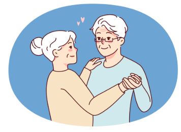 Illustration of older adults dancing together for a senior dance and movement program at Friends Village