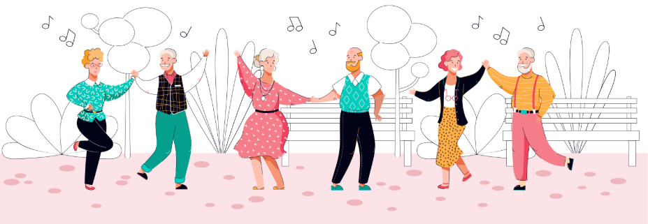 Illustration of older adults dancing together to support balance, mobility, and social connection